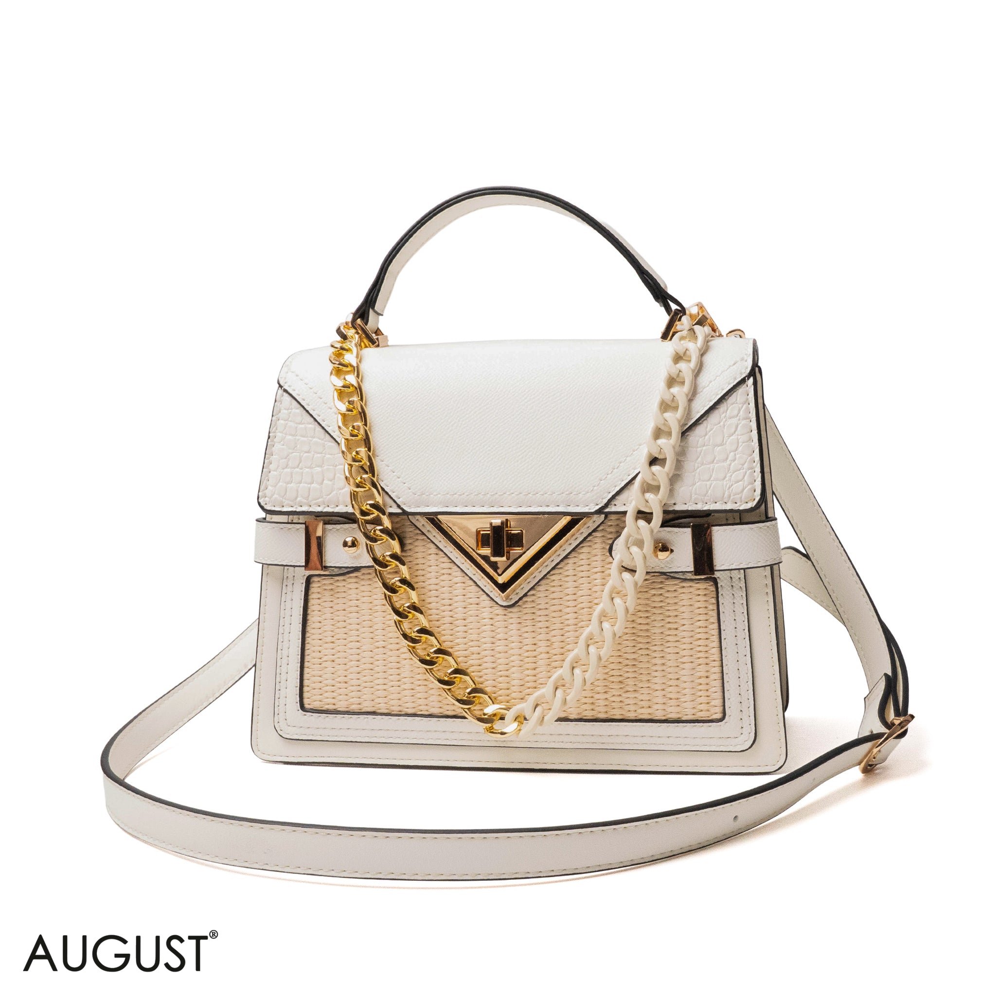 WHITE LEATHER HANDBAG WITH STRAW ACCENTS-MED