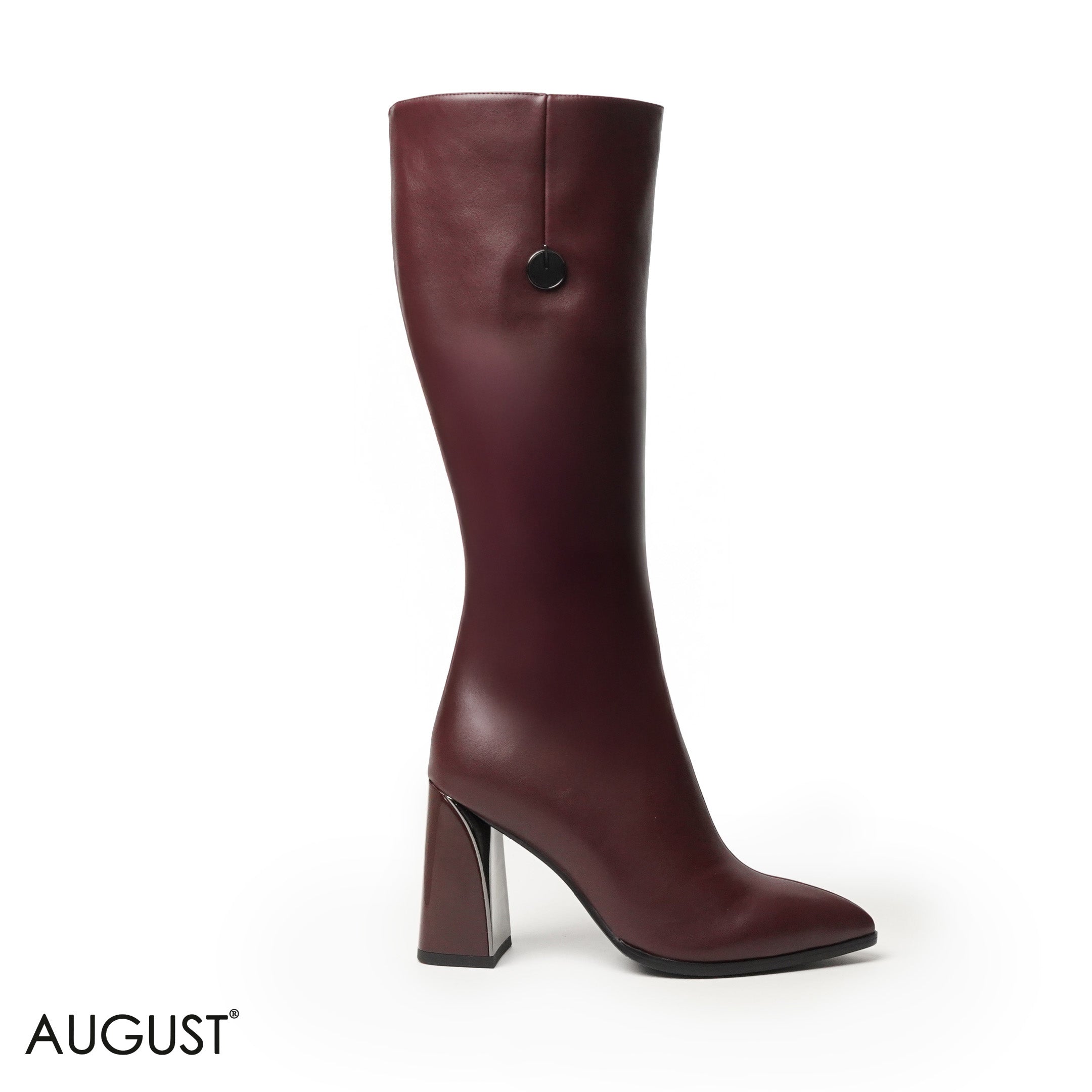 MAROON LEATHER HEELED LONG BOOTS WITH SIDE ZIPPER