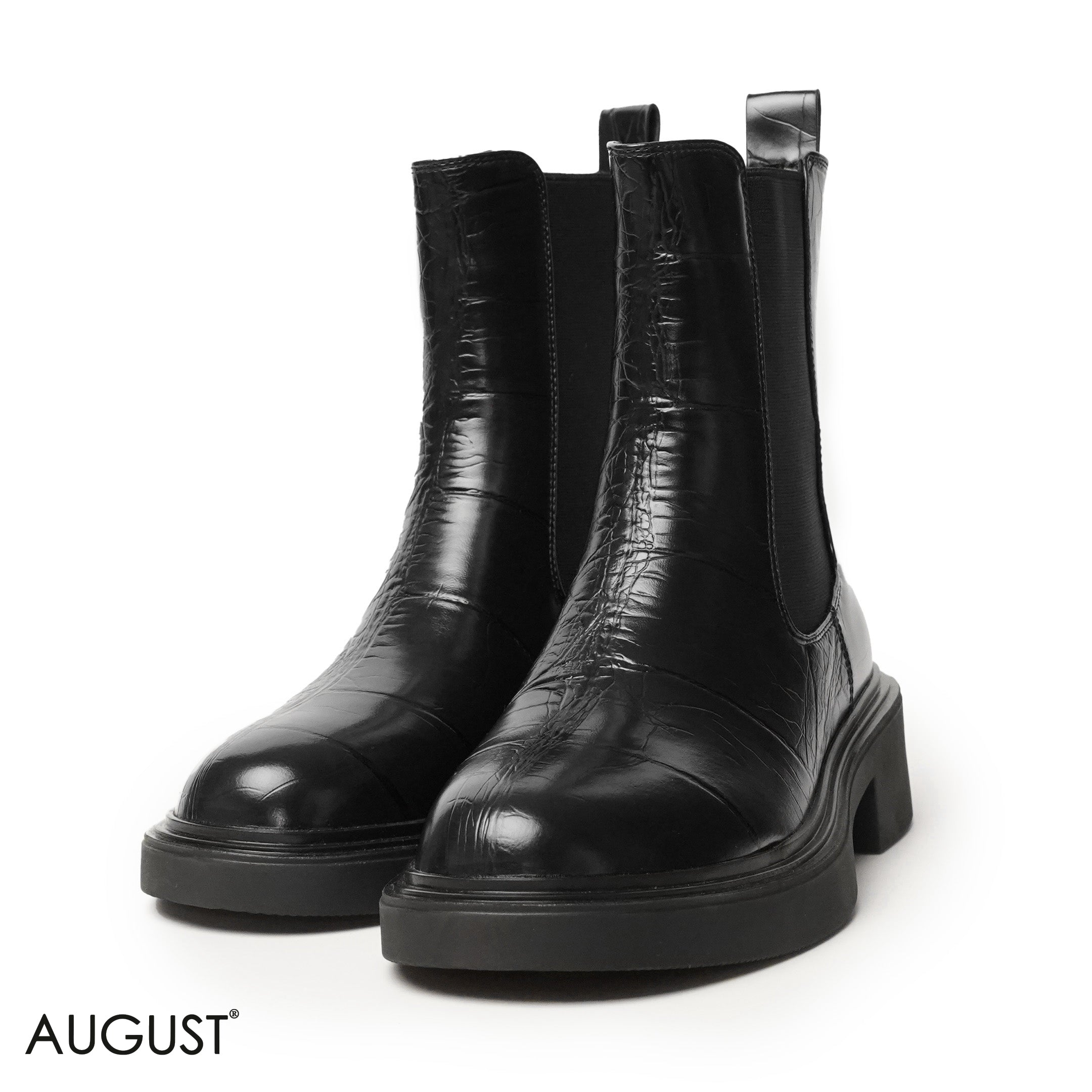 EMBOSSED PANTENT LEATHER ANKLE BOOTS WITH ELASTIC SIDES