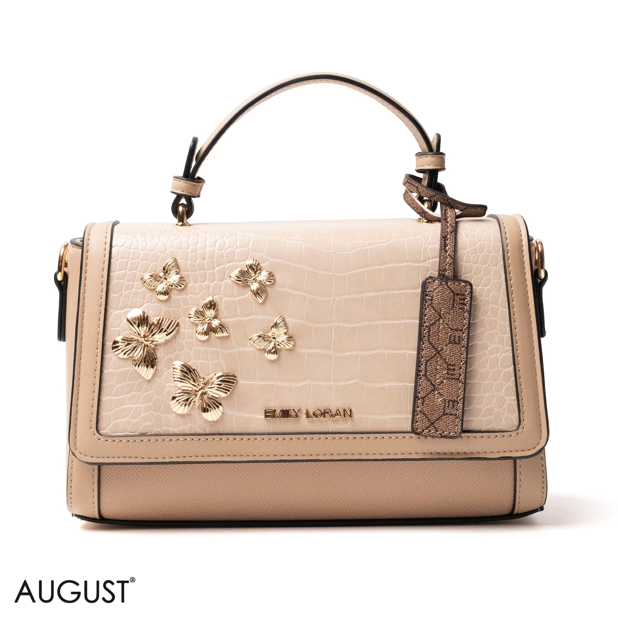 BEIGE LEATHER HANDBAG WITH CROC,BUTTERFLIES DETAILS-MED