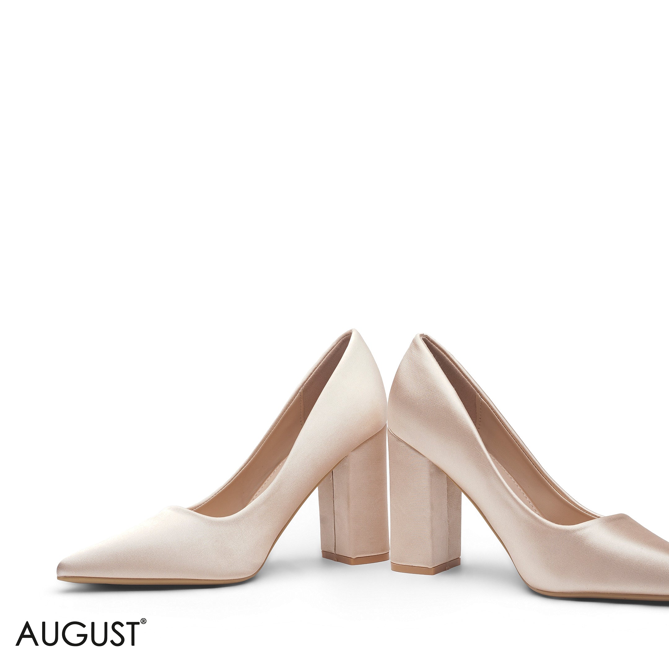 BEIGE SATIN POINTED-TOE BLOCK HIGH HEEL