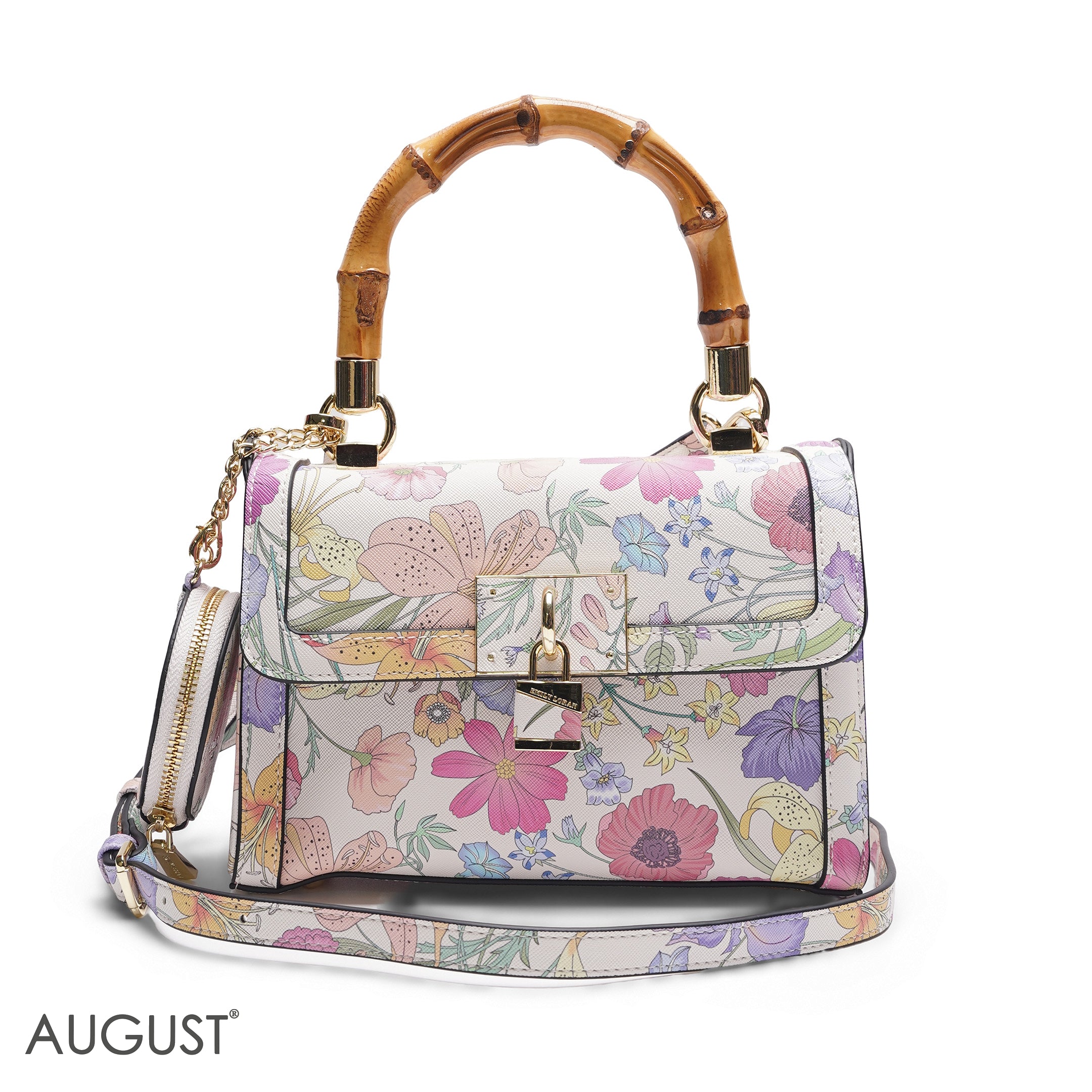 FLORAL BAMBOO HANDLE BAG WITH ROUND POUCH