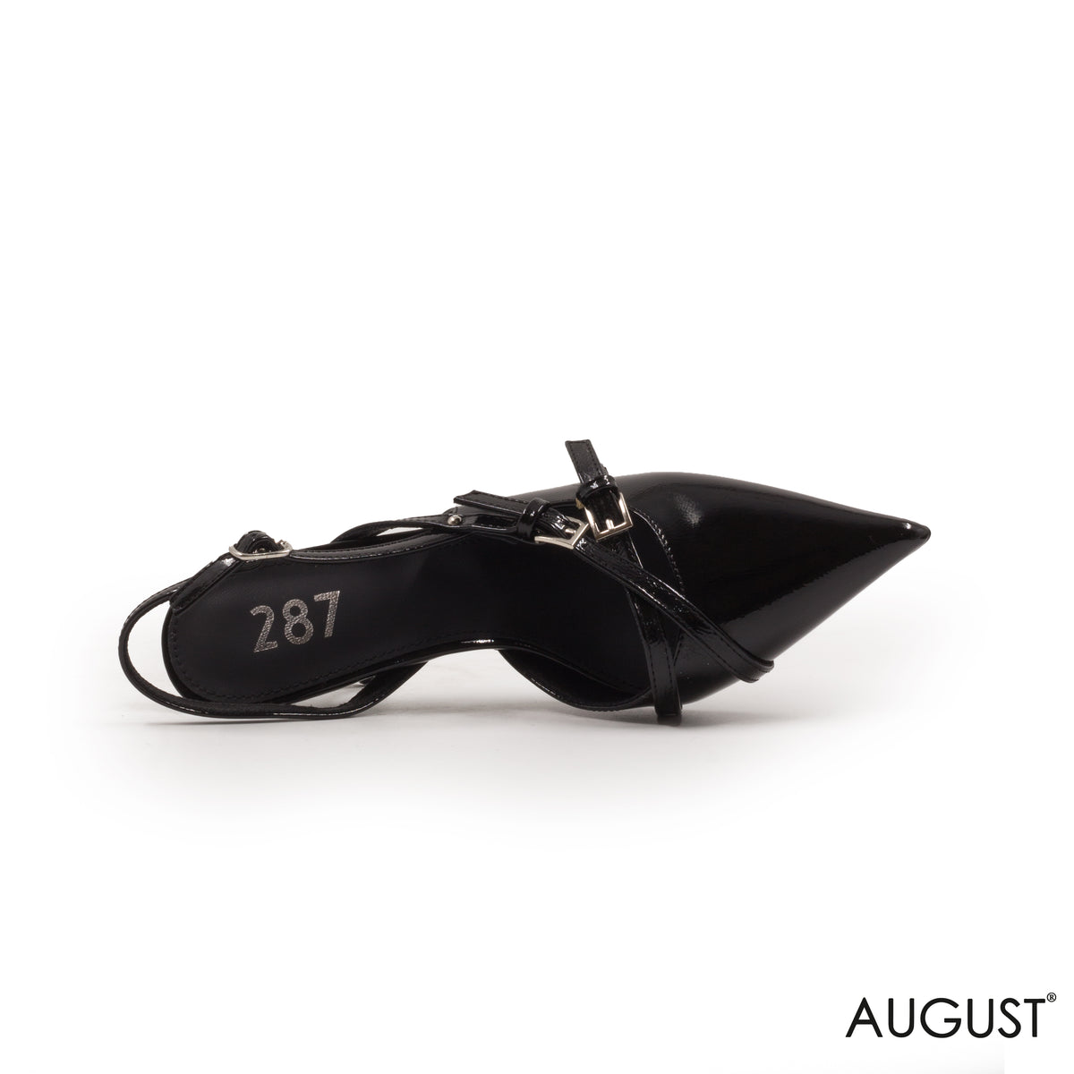 BLACK SHINY LEATHER SLINGBACK HEEL WITH BUCKLE
