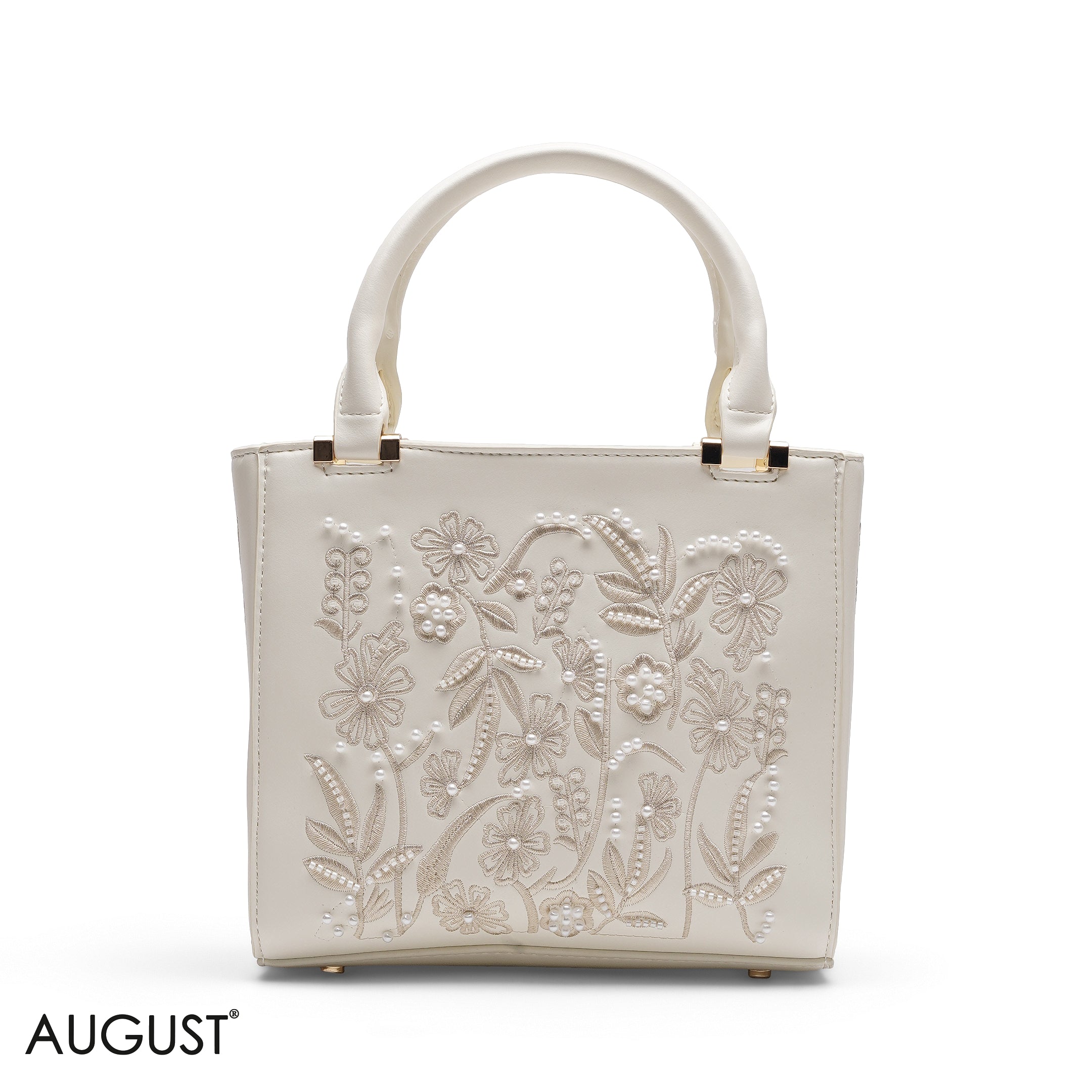 WHITE FLORAL PEARL EMBROIDERED TOTE BAG