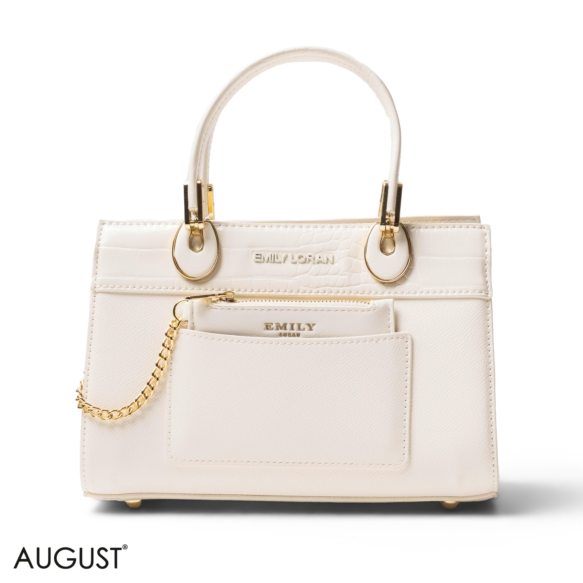 WHITE LEATHER SMOOTH HANDBAG WITH CROC DETAILS-SMALL