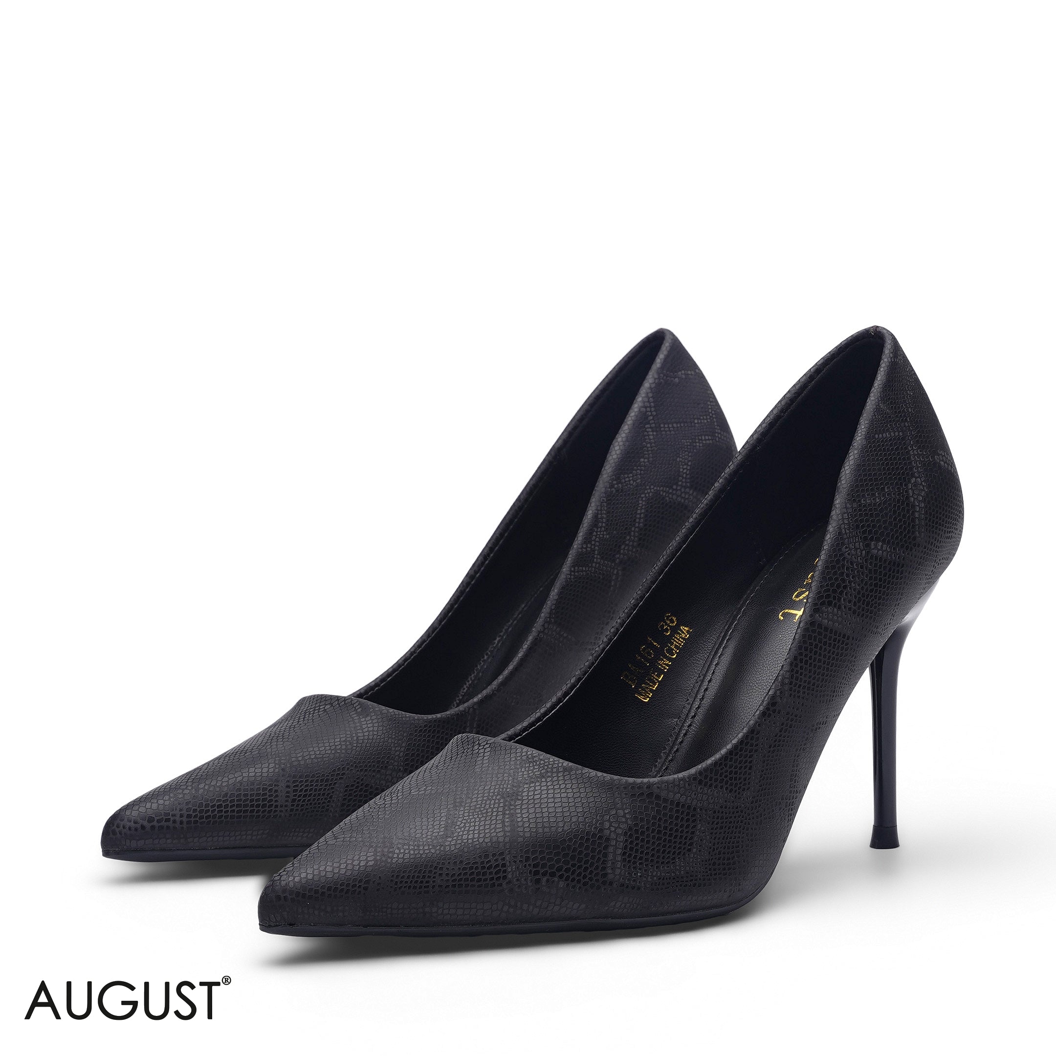 BLACK SNAKESKIN PATTERN LEATHER POINTED TOE HEELS