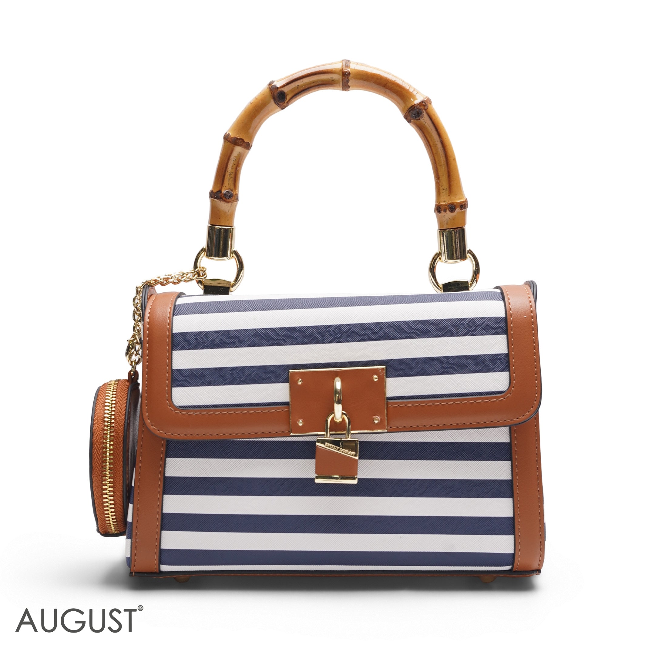 STRIPED BAMBOO HANDLE BAG WITH ROUND POUCH