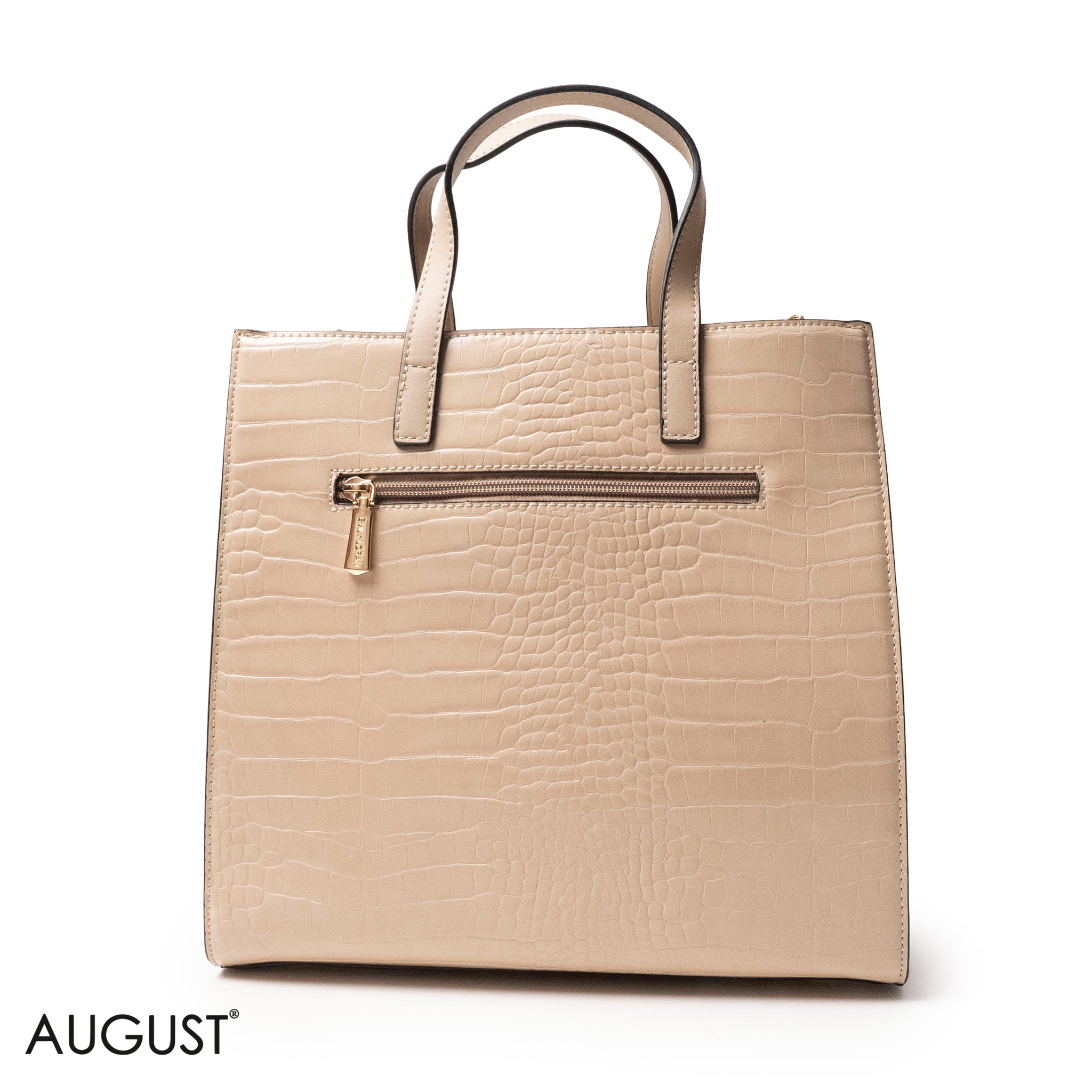 BEIGE CROCODILE LEATHER HANDBAG WITH METAL CHAIN - LARGE