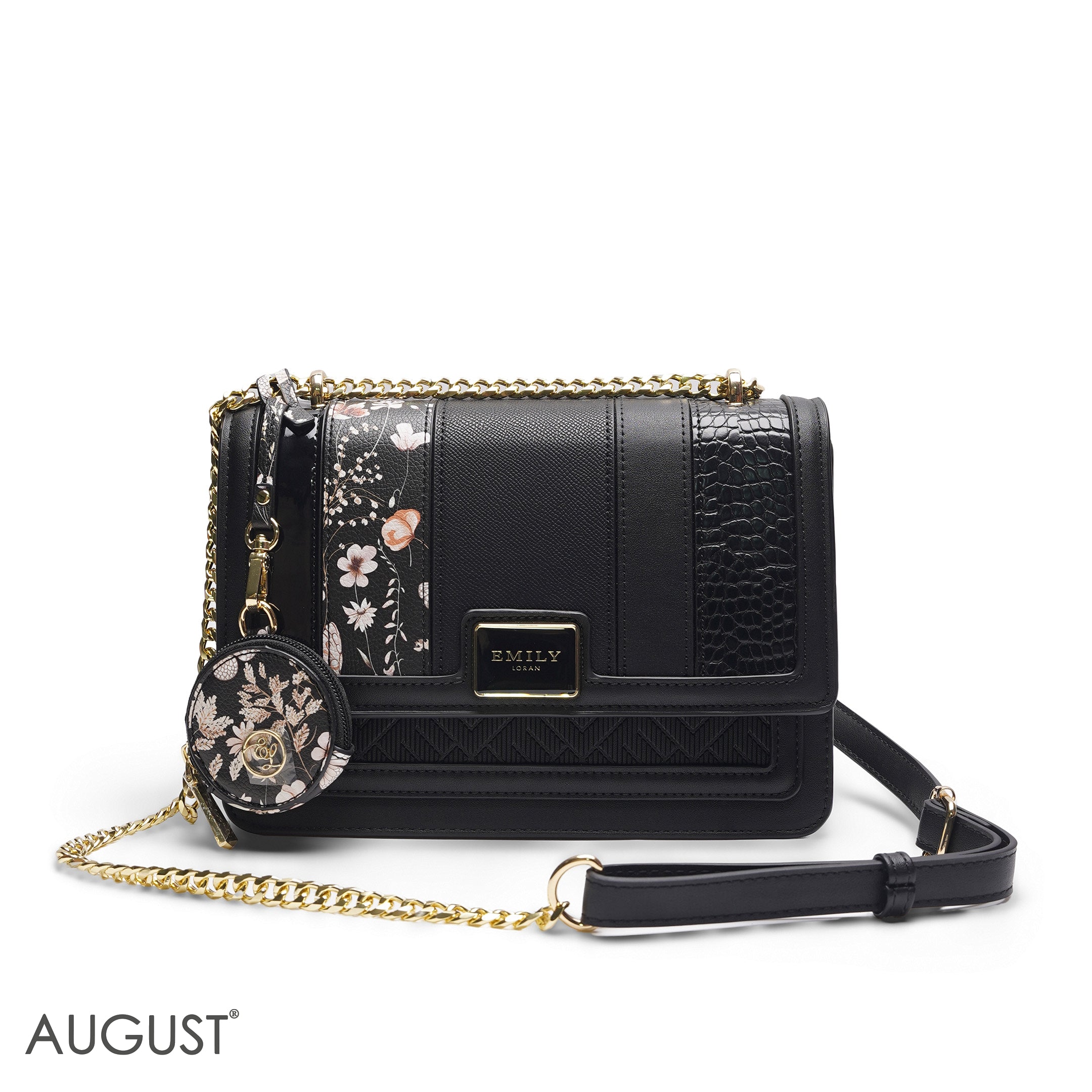 EMILY MULTI-TEXTURE SOLID BLACK CROSSBODY BAG - MED