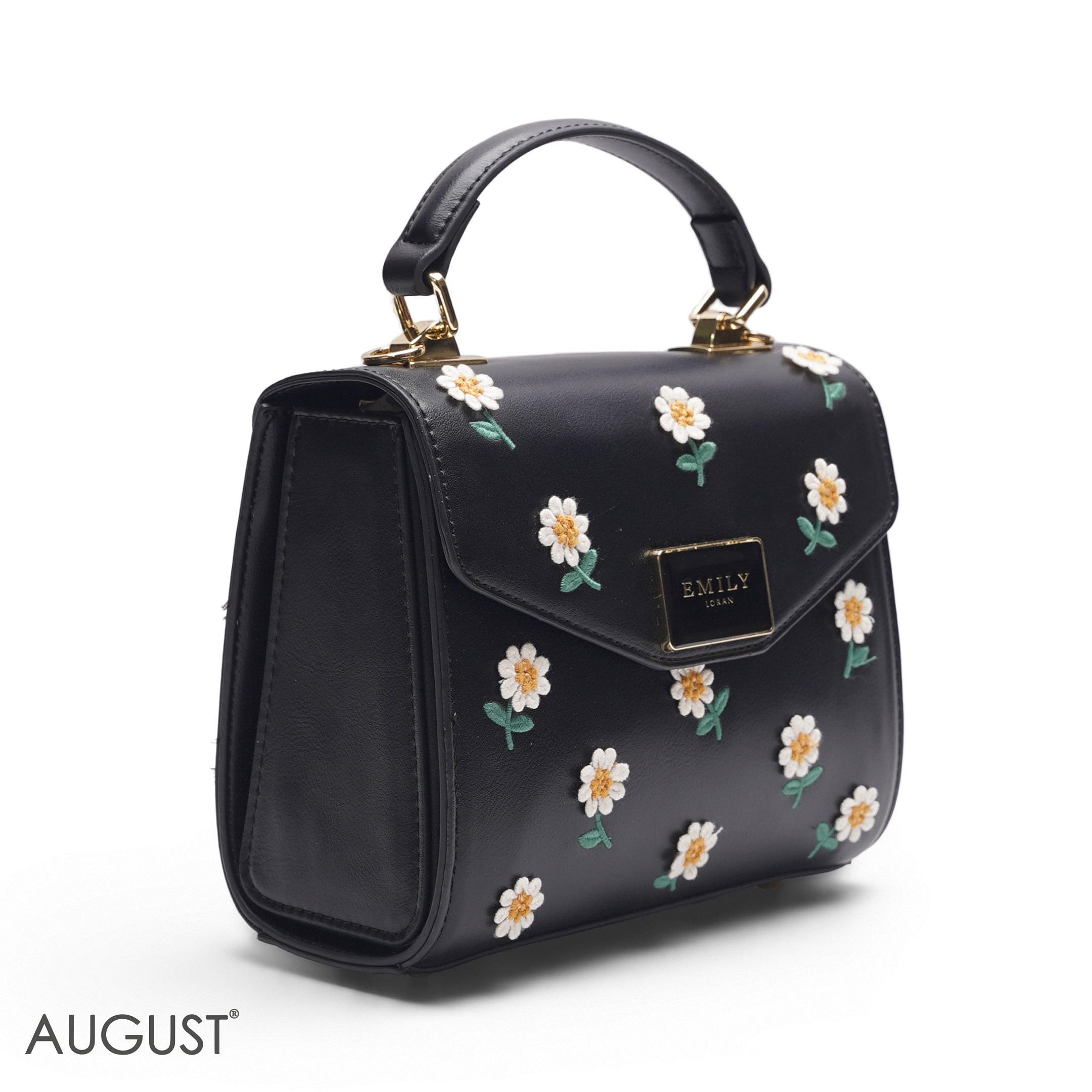 BLACK DAISY EMBROIDERED SATCHEL BAG - SMALL
