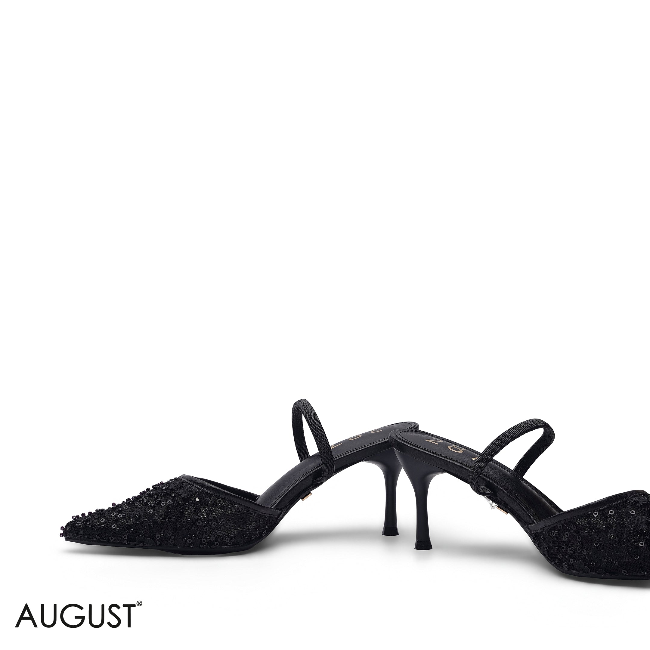 BLACK SEQUIN EMBROIDERED MESH SLINGBACK HEELS