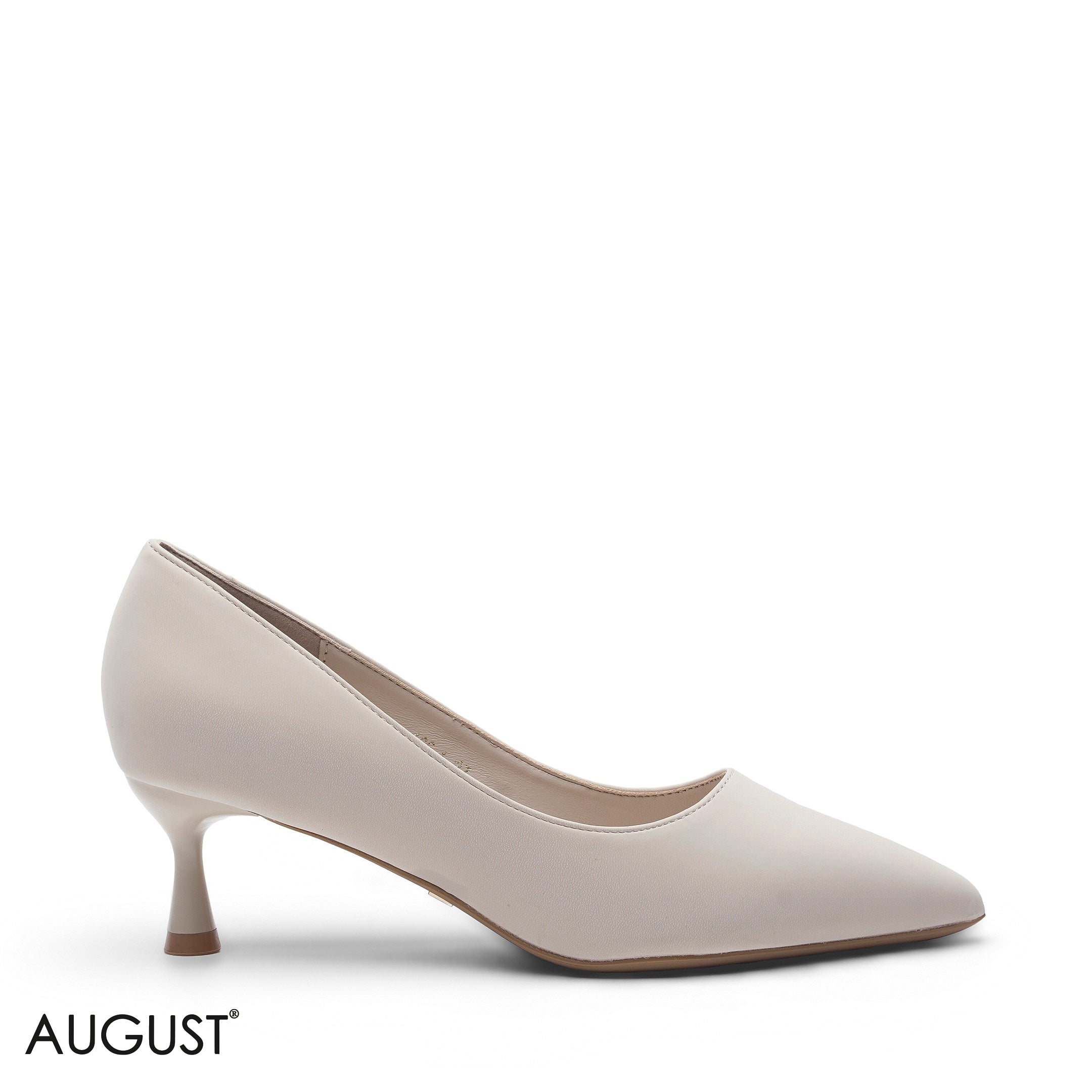 BEIGE LEATHER POINTED-TOE MED-HEEL PUMPS