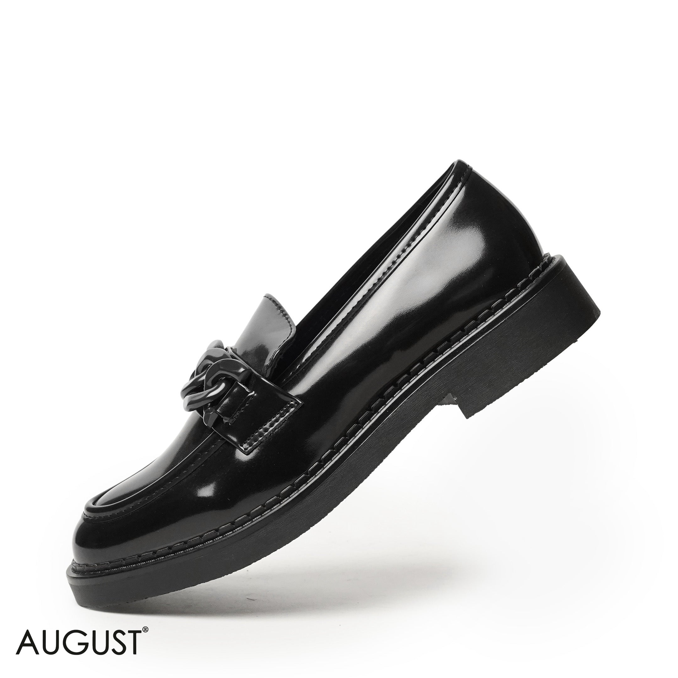 GLOSSY LEATHER LOAFERS WITH METAL BELT
