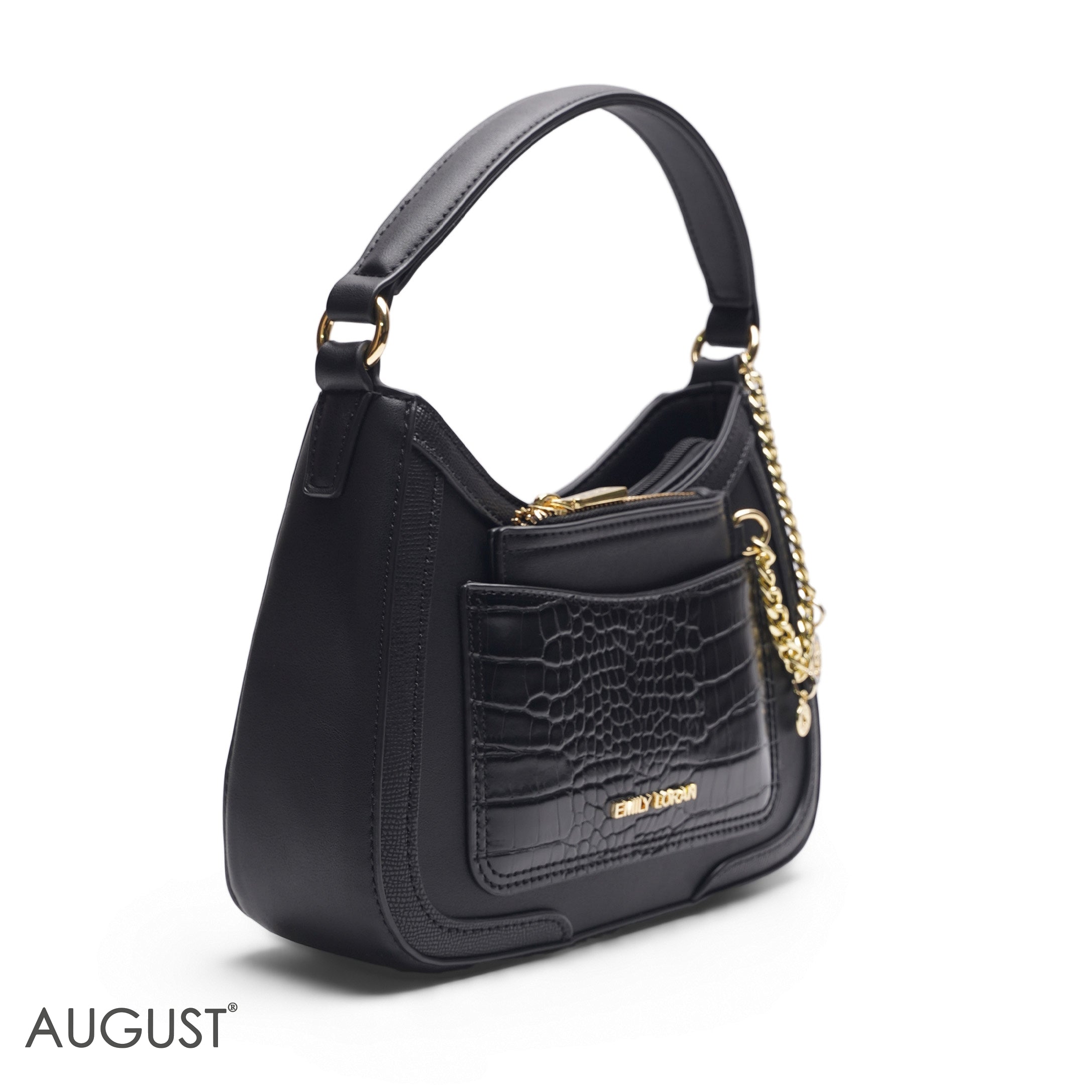 BLACK CROCODILE HOBO BAG WITH POUCH