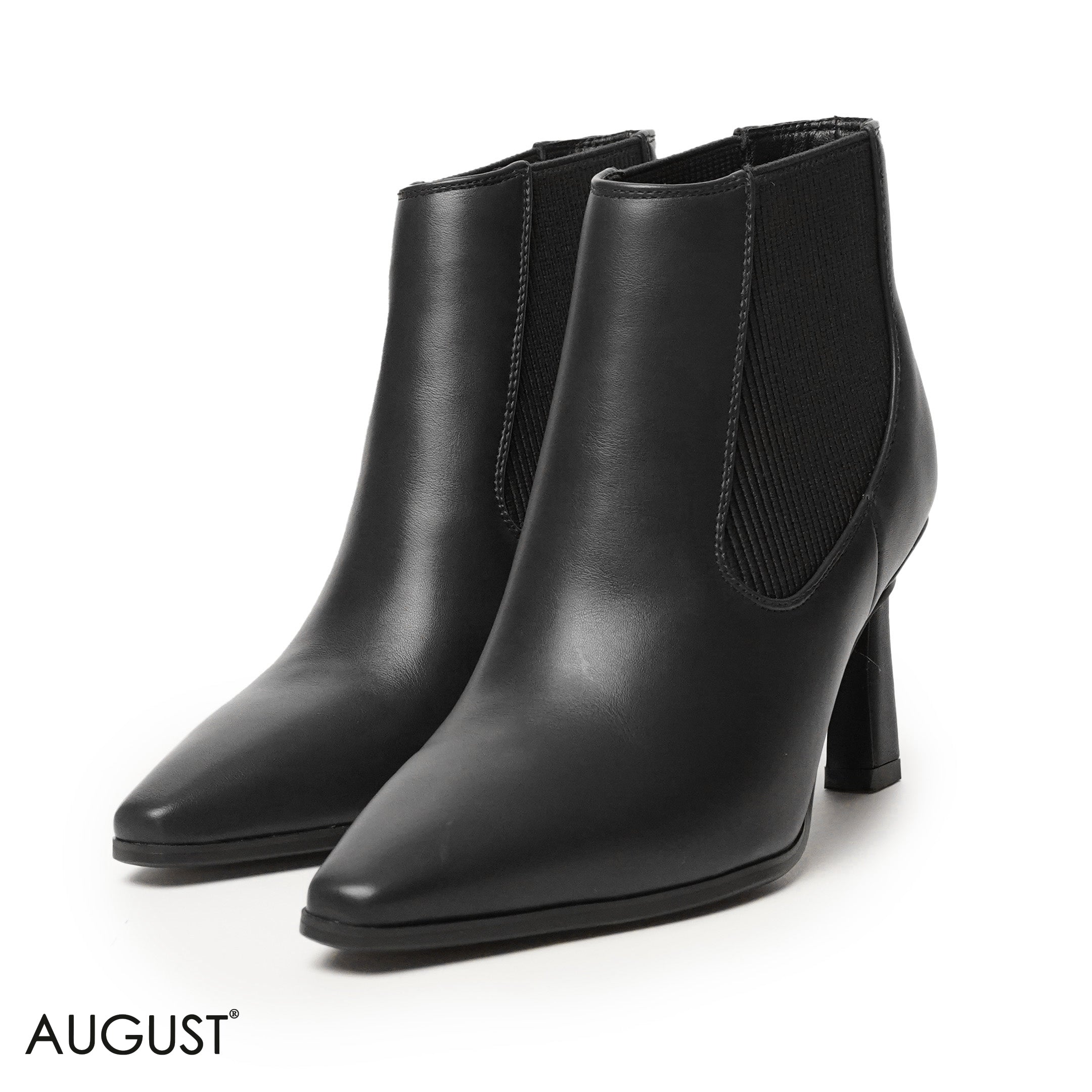 BLACK LEATHER HEELED BOOTS WITH ELASTIC FABRIC ACCENTS