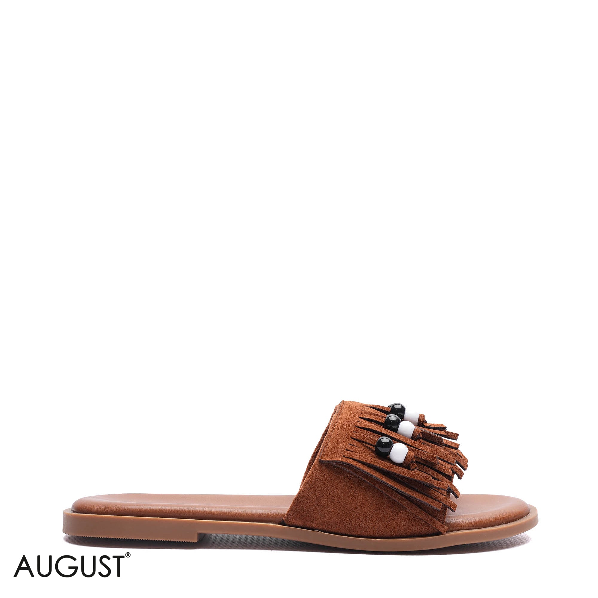BEADED FRINGE SUEDE CASUAL FLAT SLIDERS