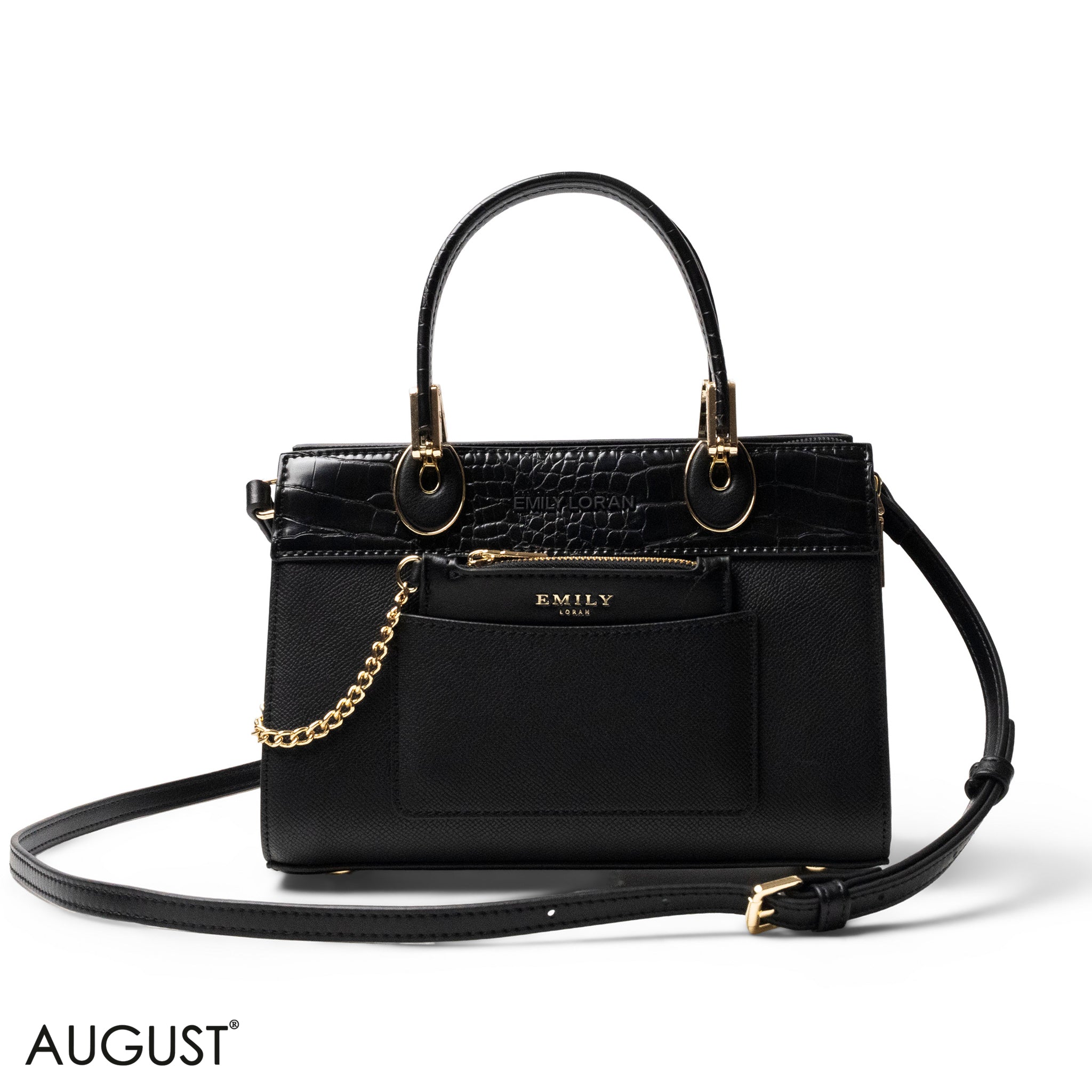 BLACK LEATHER SMOOTH HANDBAG WITH CROC DETAILS-SMALL