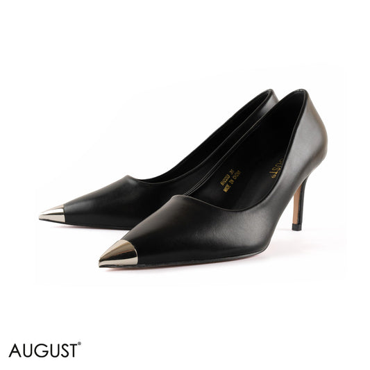 BLACK LEATHER MED- HEEL SHOES METALLIC POINTED TOE