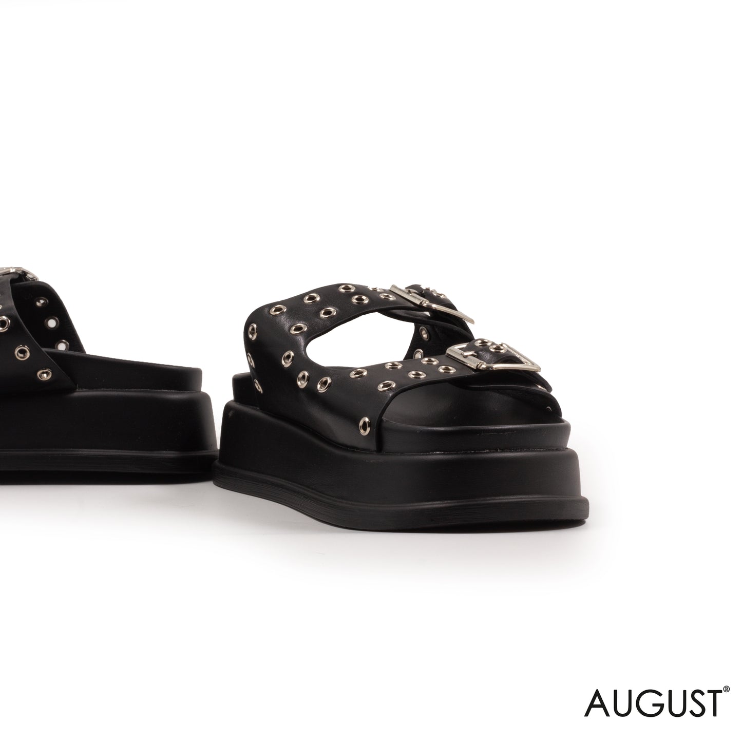 BLACK LEATHER SLIPPERS WITH METAL EYELETS AND BUCKLE