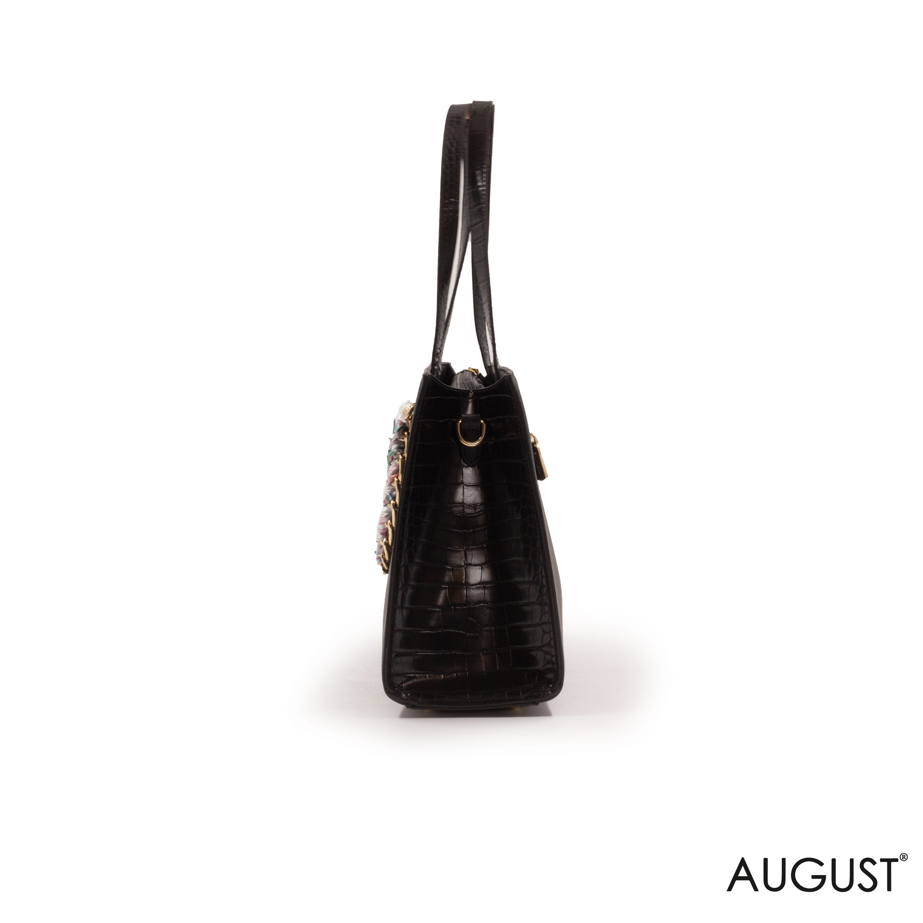 BLACK LEATHER HANDBAG WITH GOLD CHAIN AND SCARF -LARGE