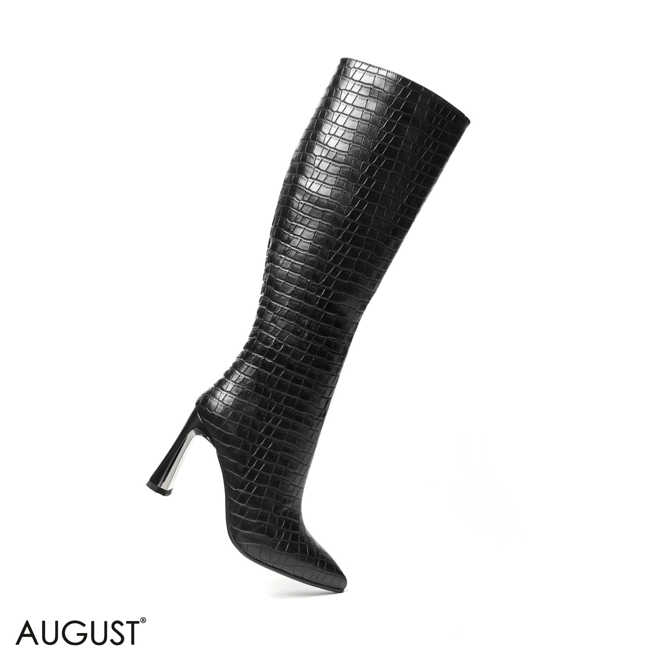 BLACK CROC LEATHER HEELED LONG BOOTS WITH SIDE ZIPPER