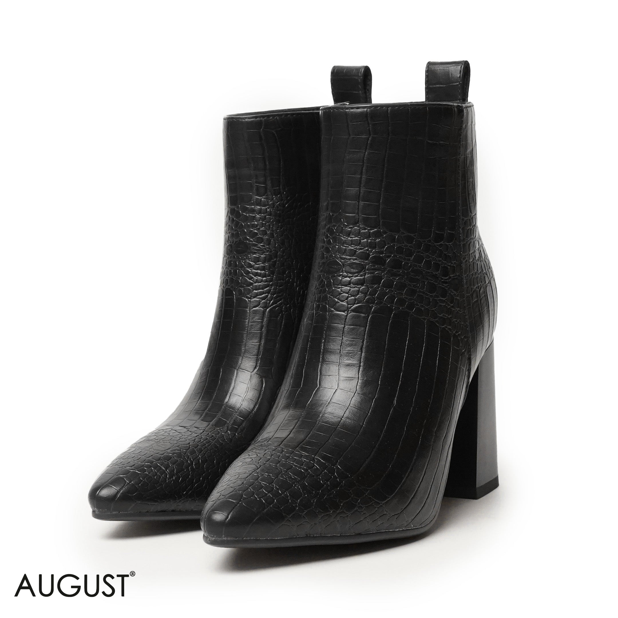SMOOTH LEATHER HEELED ANKLE BOOTS WITH CROCODILE TOUCH