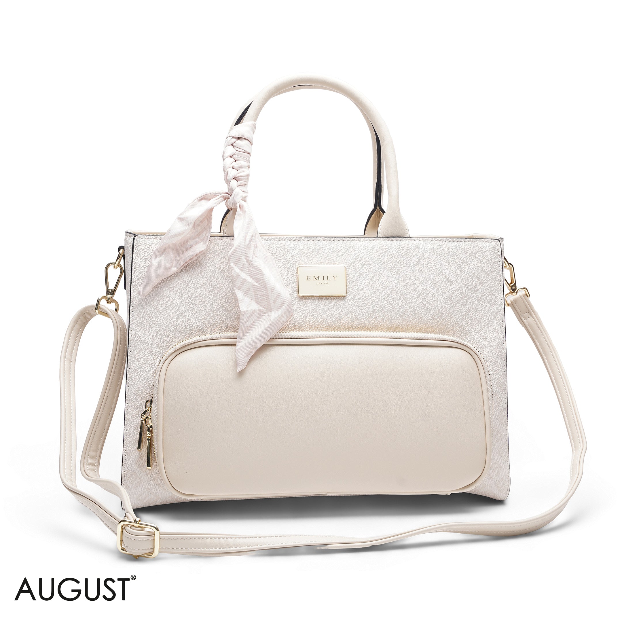 CREAM BAG WITH FRONT POCKET & SCARF - LARGE