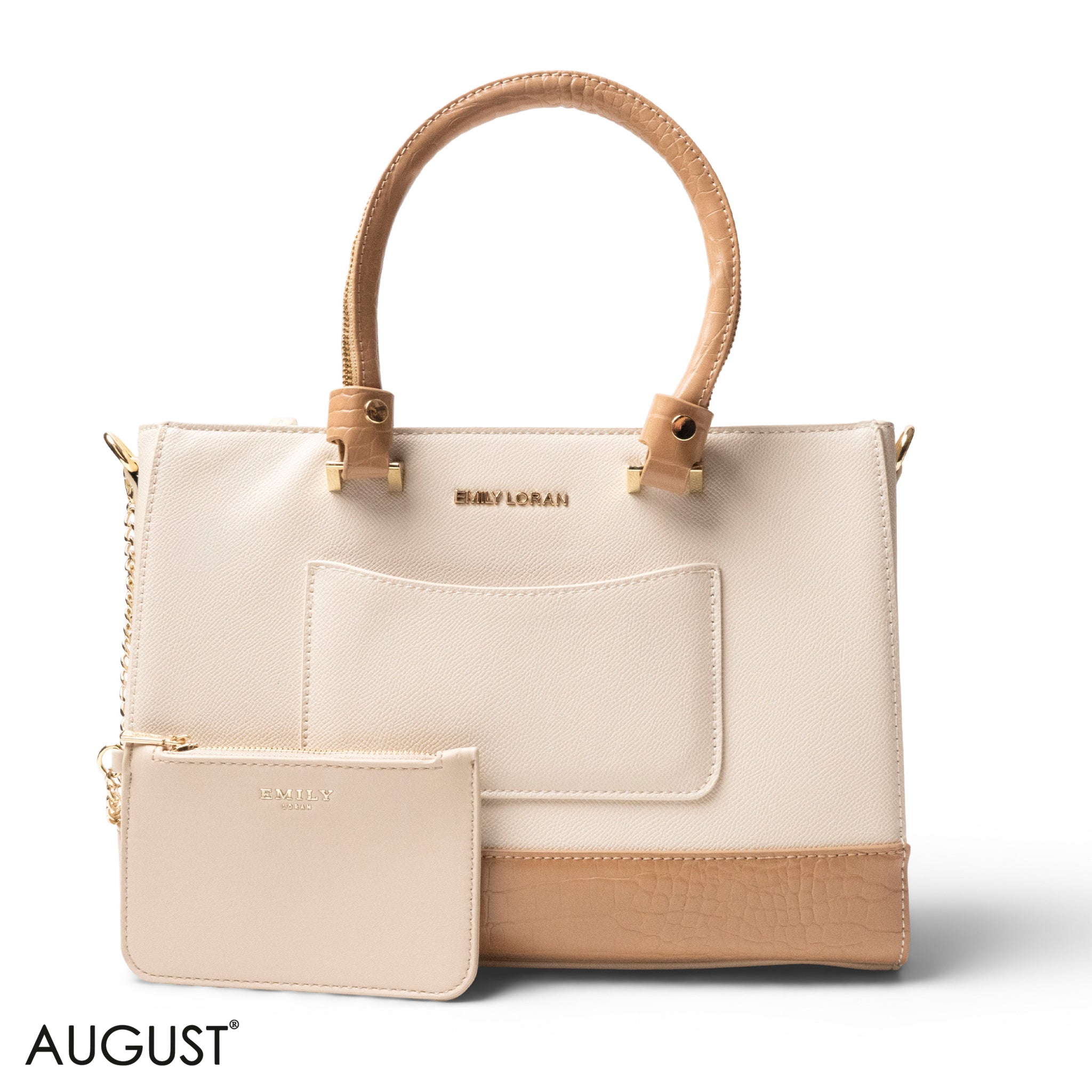 BEIGE LEATHER SMOOTH HANDBAG WITH CROC DETAILS-LARGE