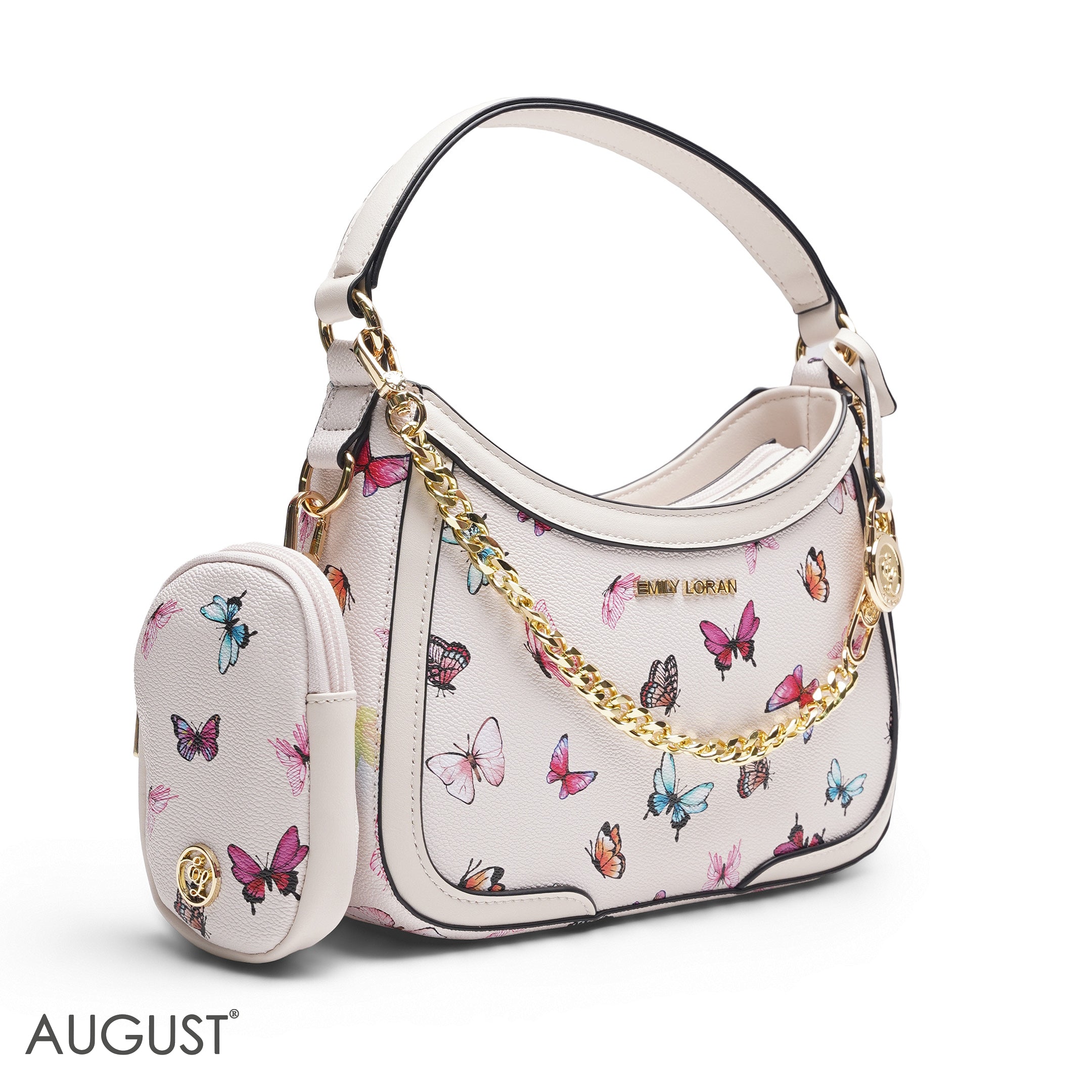 WHITE BUTTERFLY PRINT HOBO BAG WITH SIDE POUCH