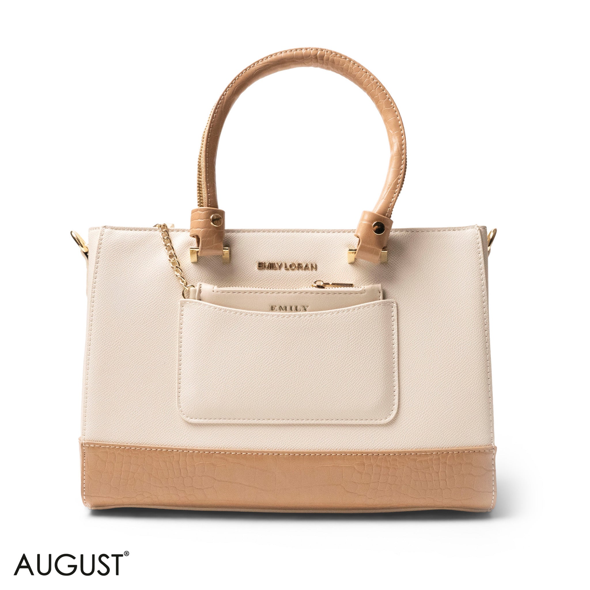 BEIGE LEATHER SMOOTH HANDBAG WITH CROC DETAILS-LARGE