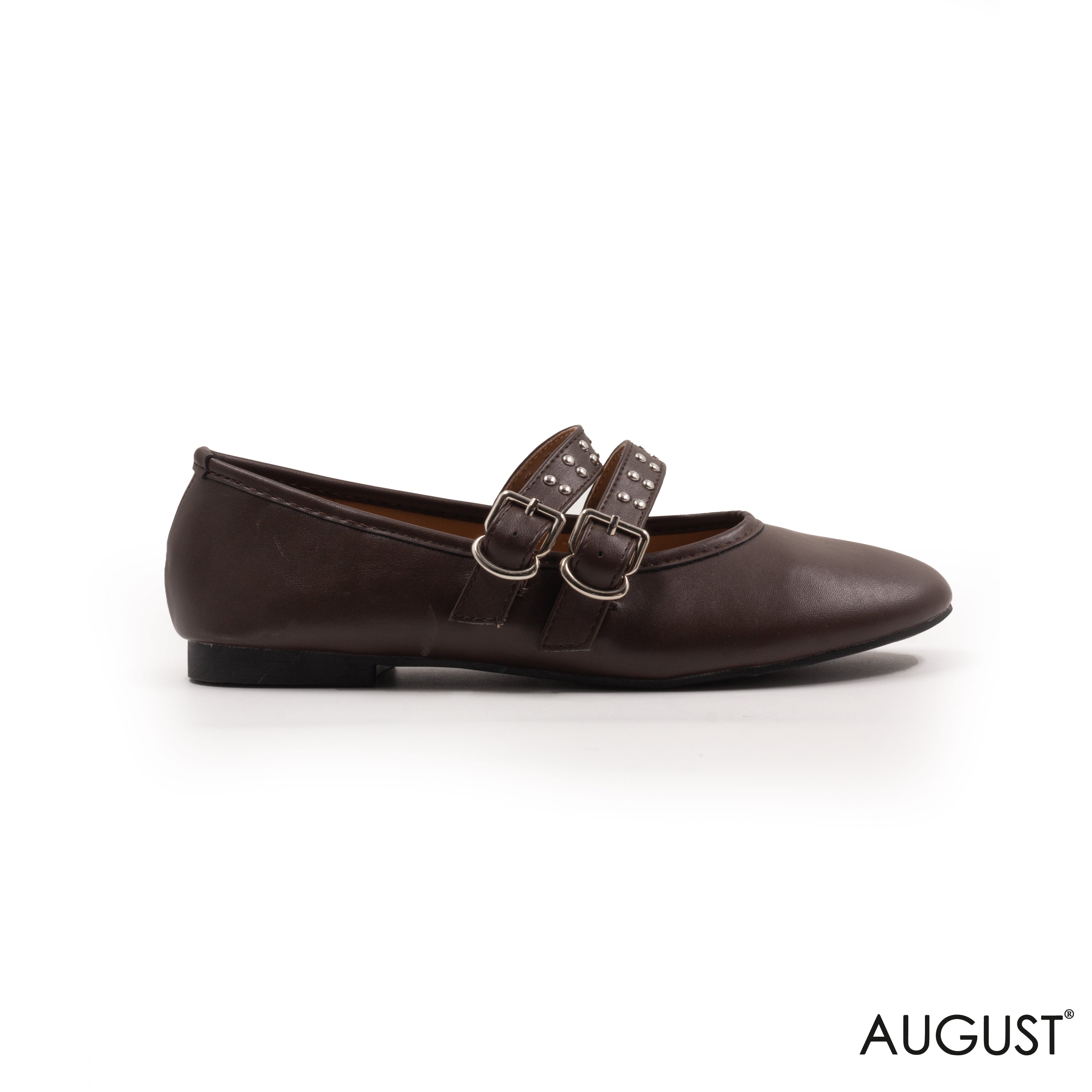 BROWN LEATHER BALLET FLAT WITH BUCKLED
