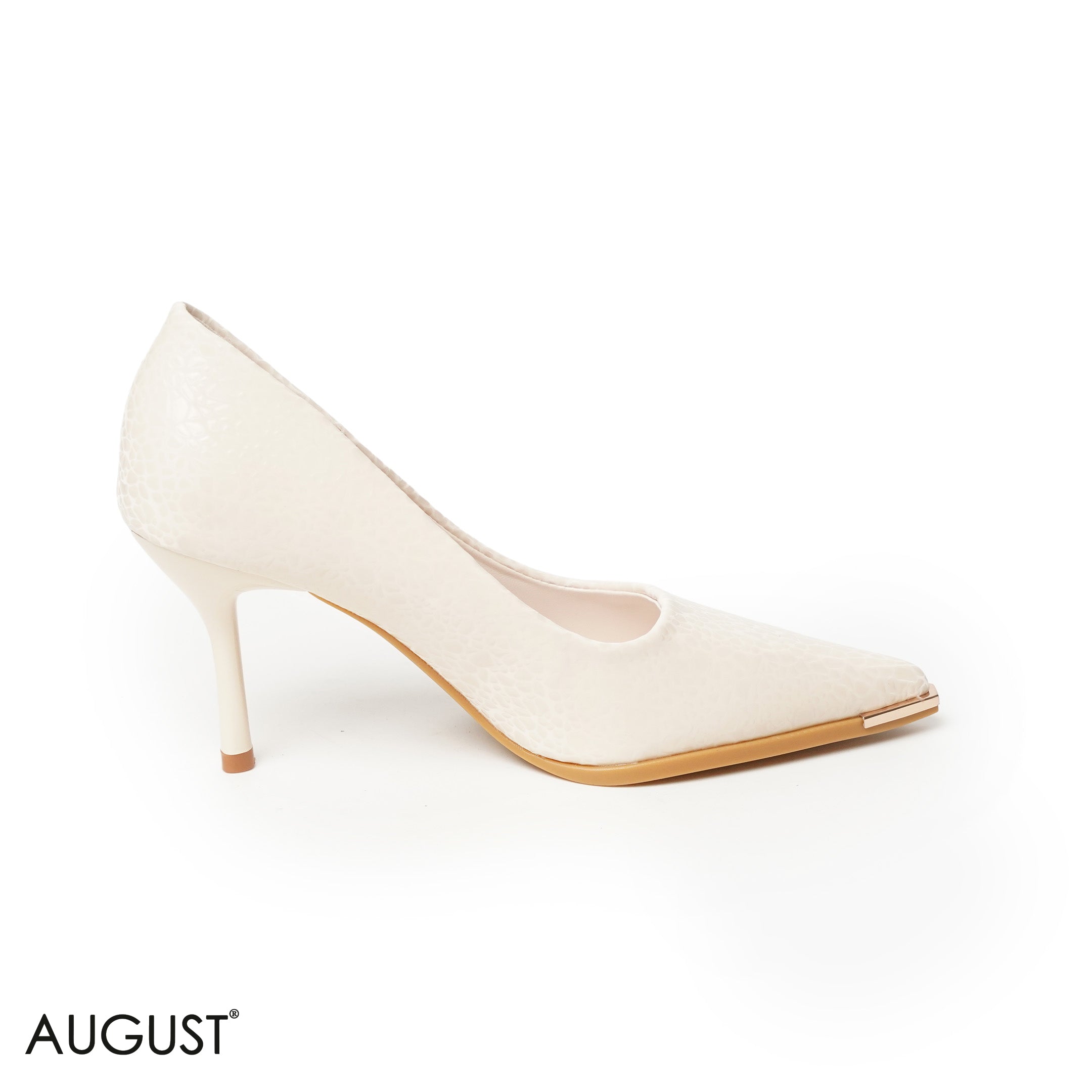 BEIGE GLOSSY LEATHER HEELS WITH CROC ACCENTS