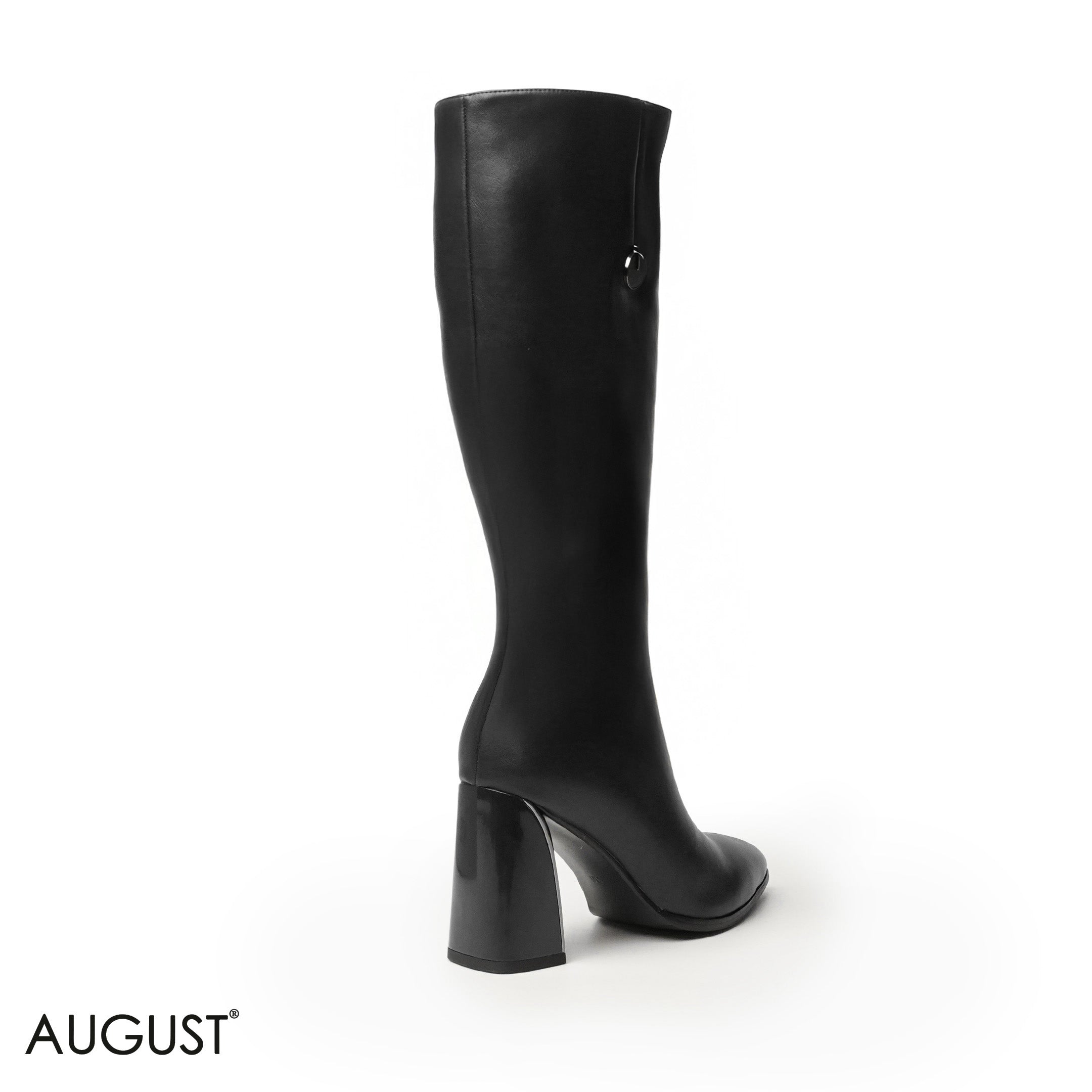 BLACK LEATHER HEELED LONG BOOTS WITH SIDE ZIPPER
