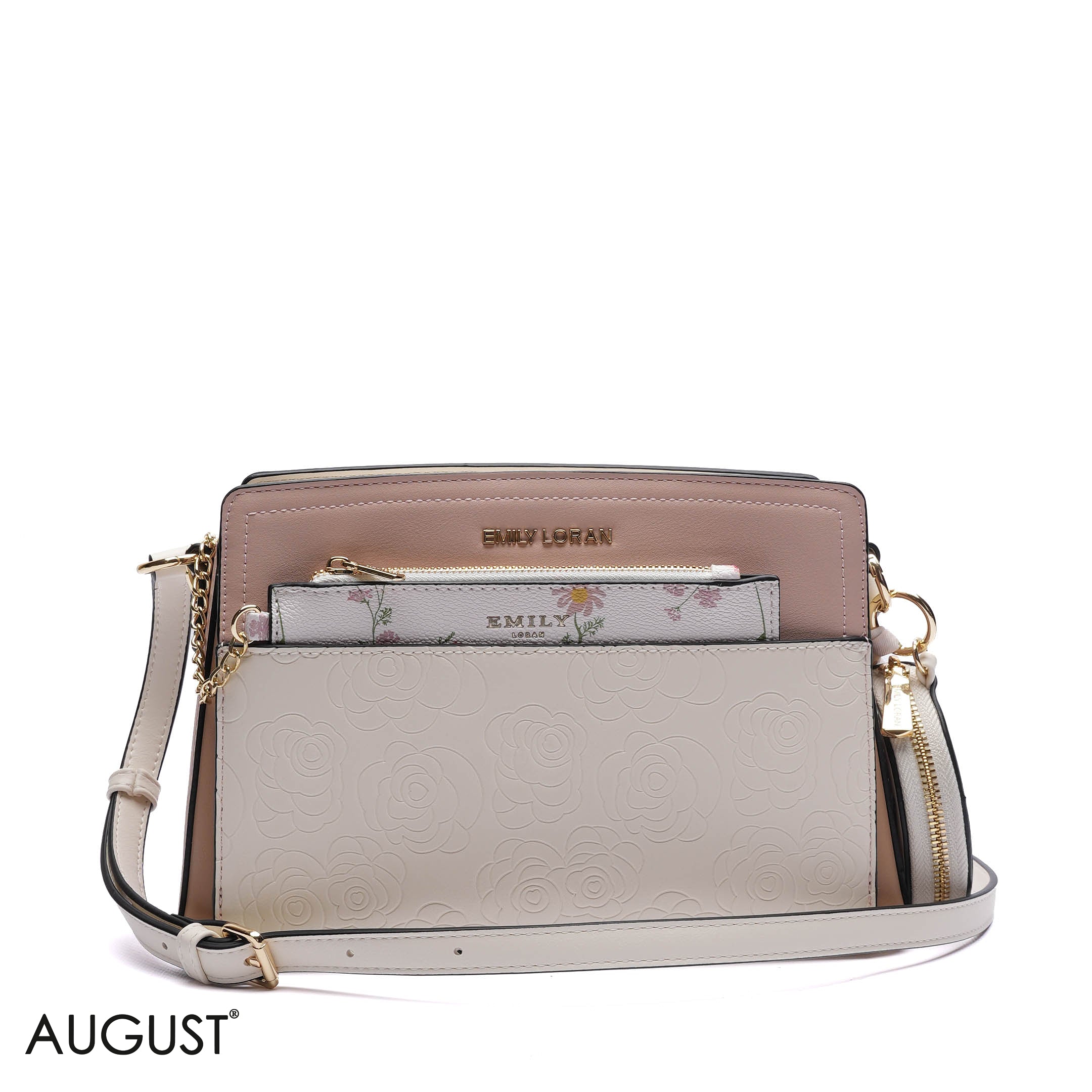 EMBOSSED FLORAL CROSSBODY BAG WITH POUCH
