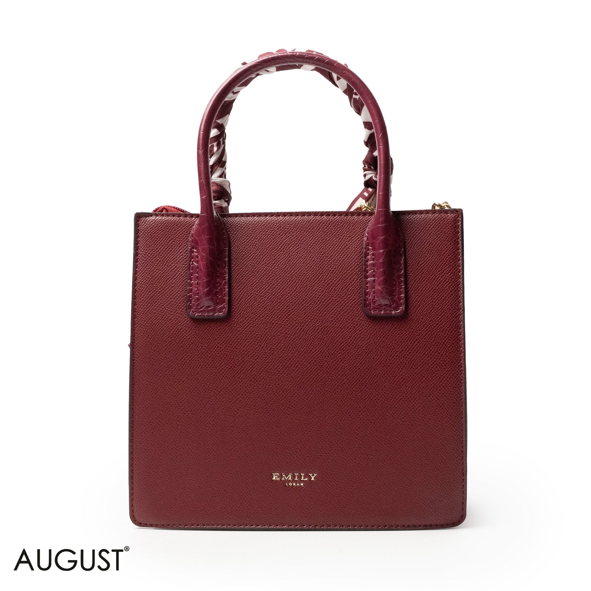 MAROON LEATHER HANDBAG WITH SILKY SCARF, METAL CHAIN - MED