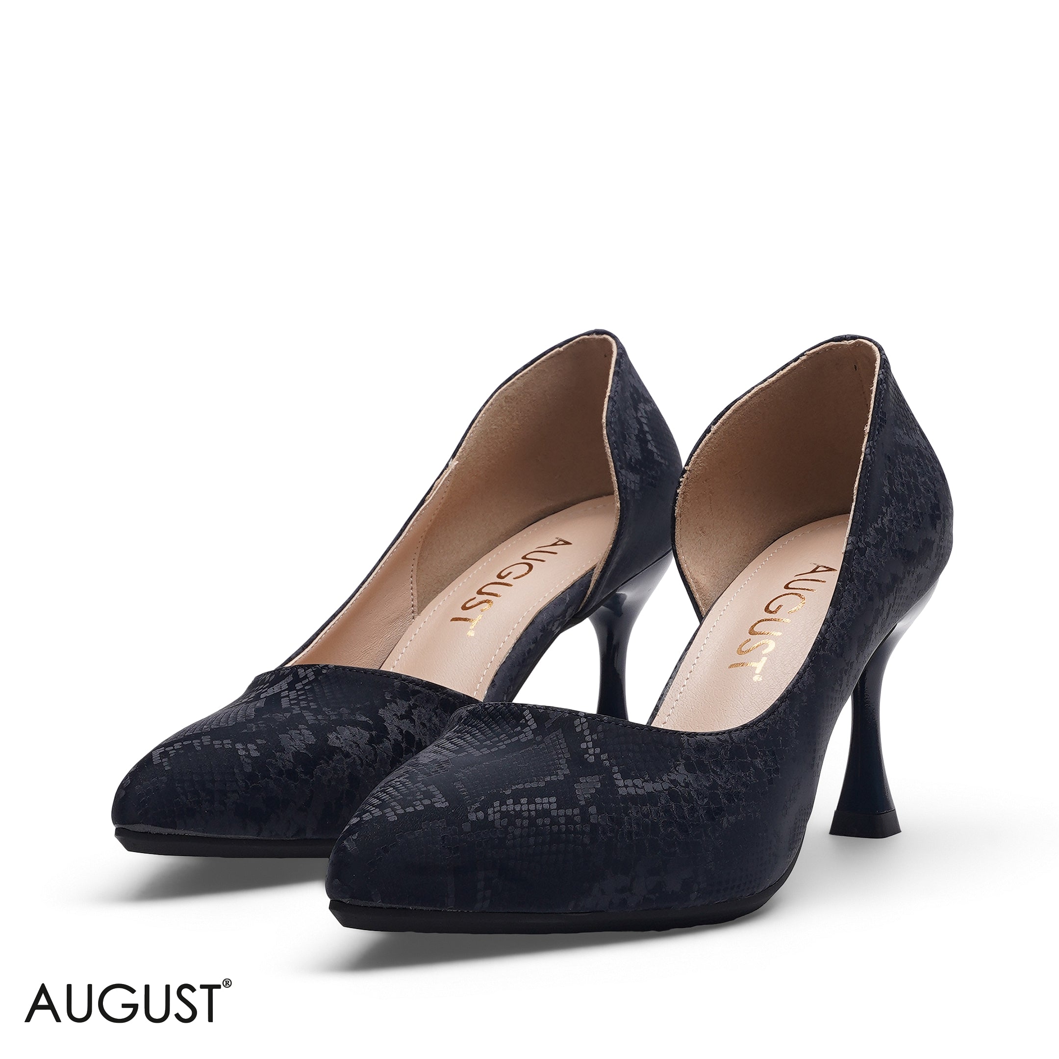 NAVY BLUE MODERN SIDE CUT FLARE HEEL PUMPS