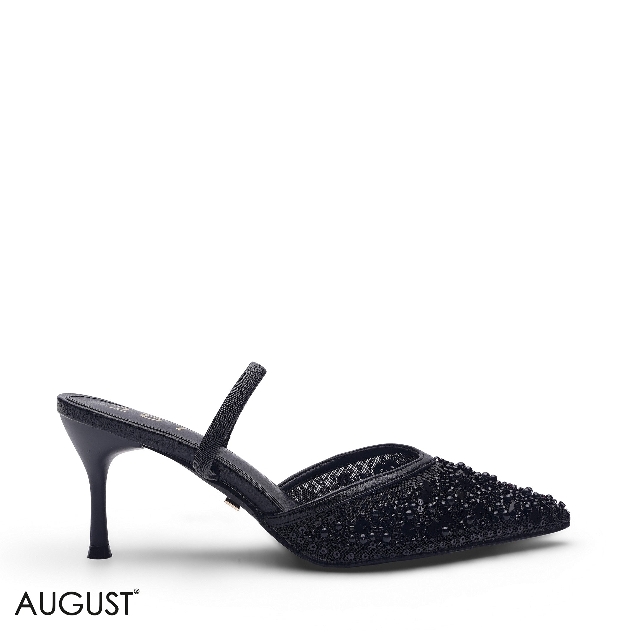 BLACK MESH POINTED-TOE HEELS WITH SEQUIN EMBELLISHMENTS