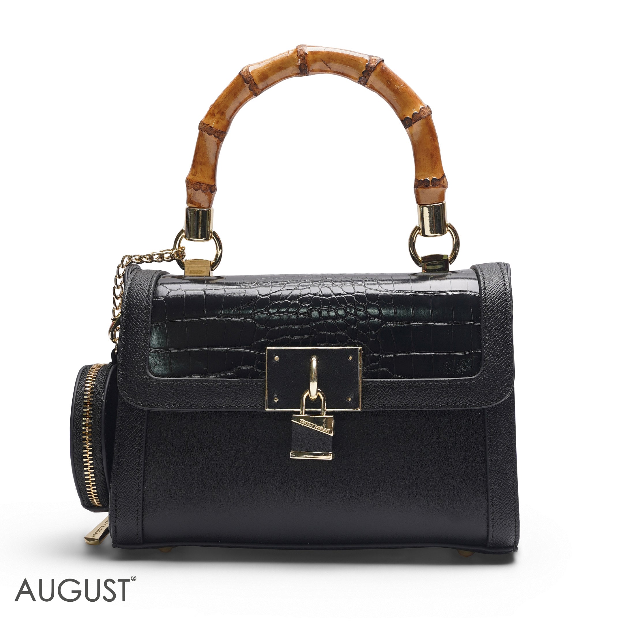 BLACK BAMBOO HANDLE BAG WITH ROUND POUCH