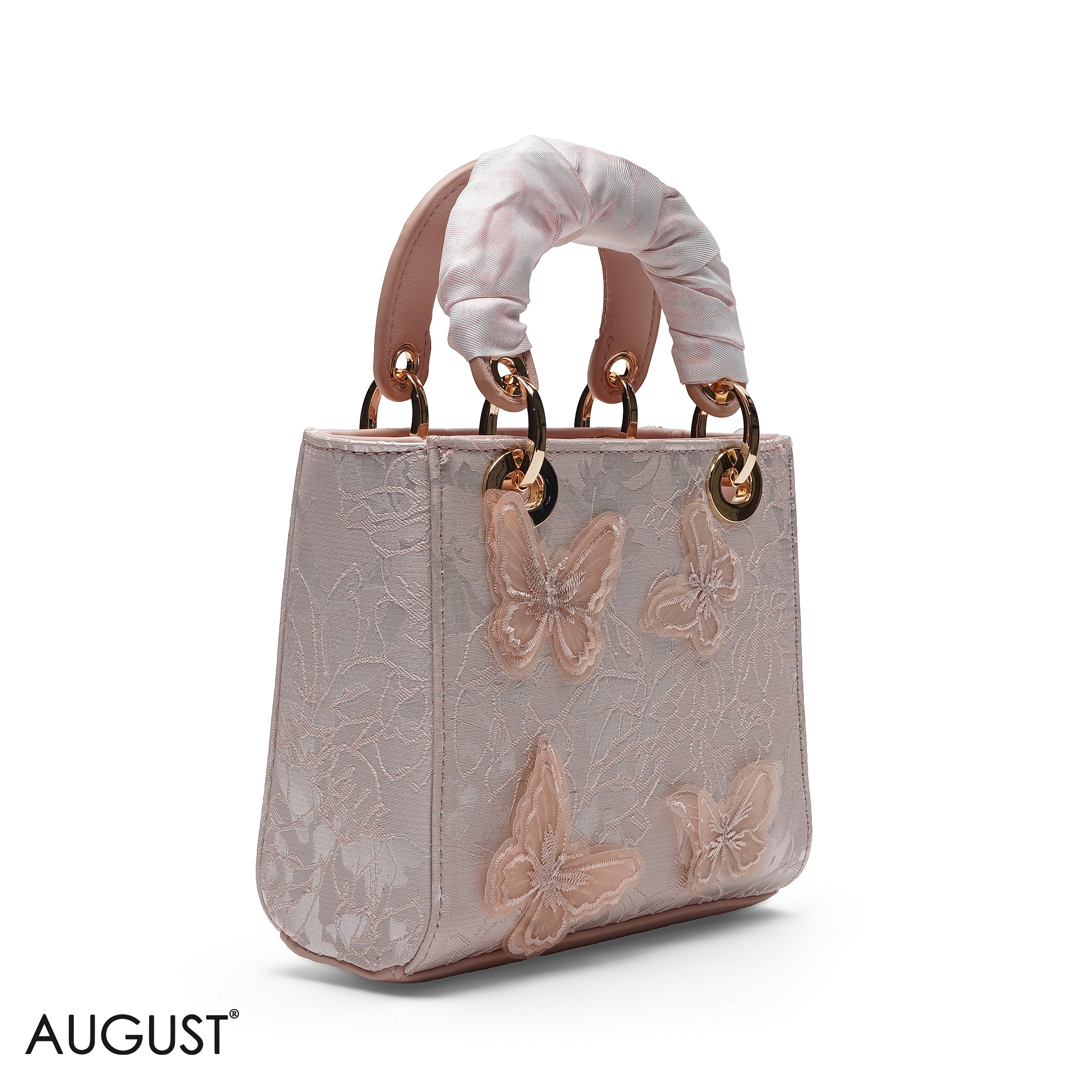 PEACH BUTTERFLY EMBROIDERED LACE TOTE BAG