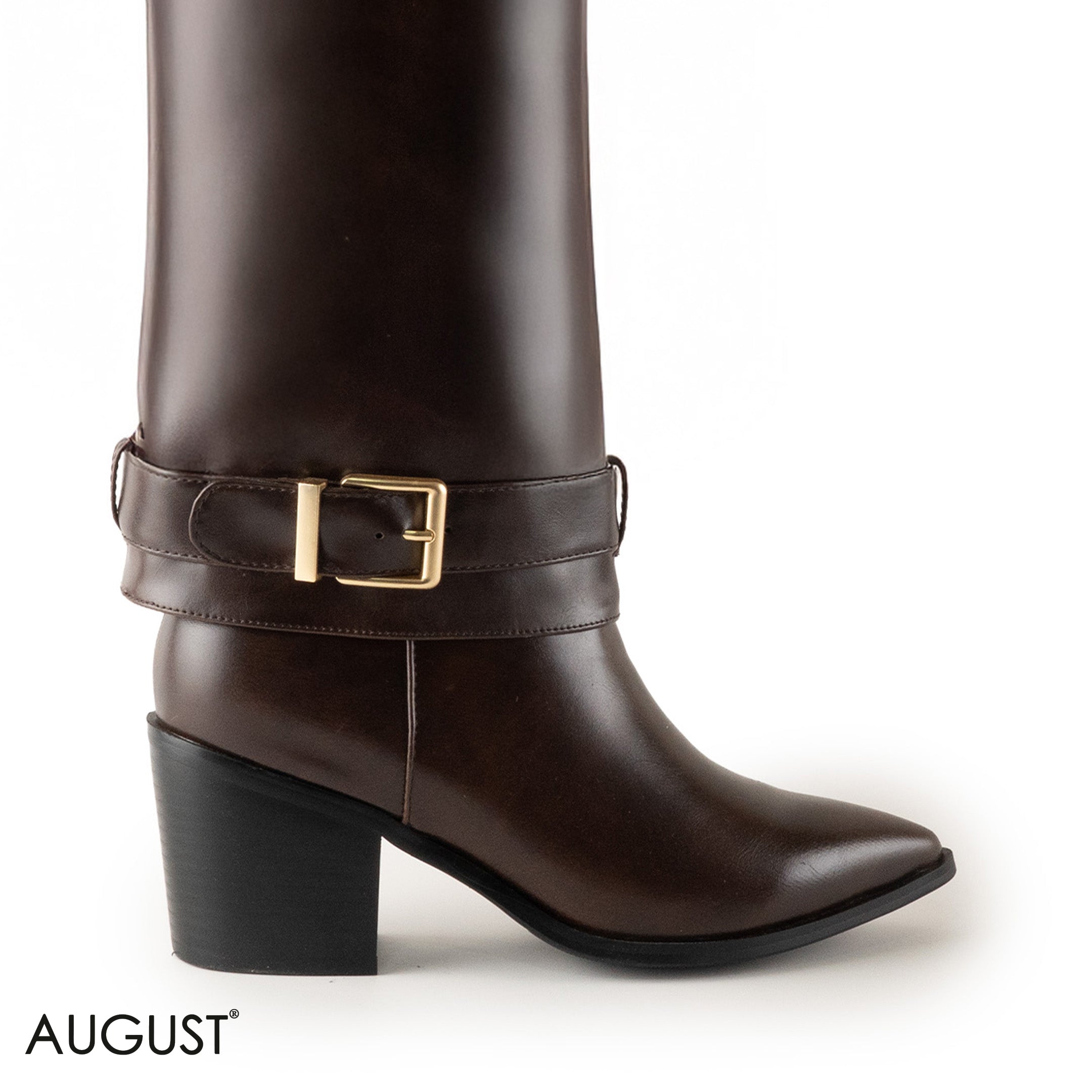 BROWN SMOOTH LEATHER LONG BOOTS WITH BUCKLED