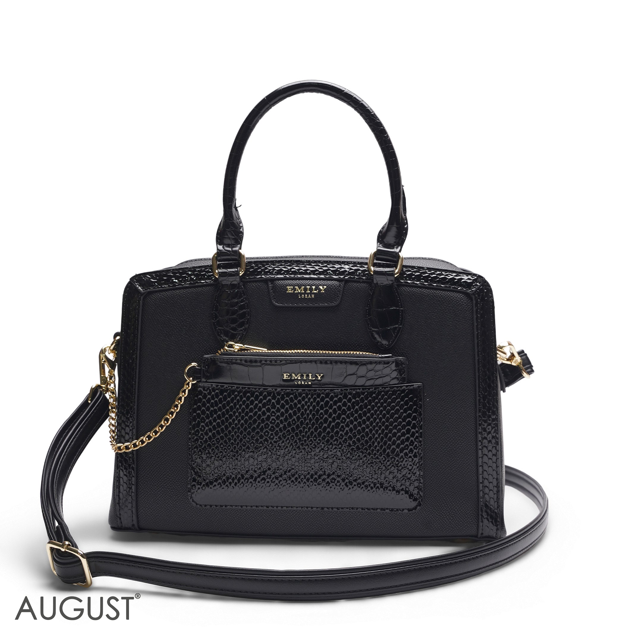 EMILY SOLID BLACK CROCODILE TOTE BAG WITH MINI POUCH - MED