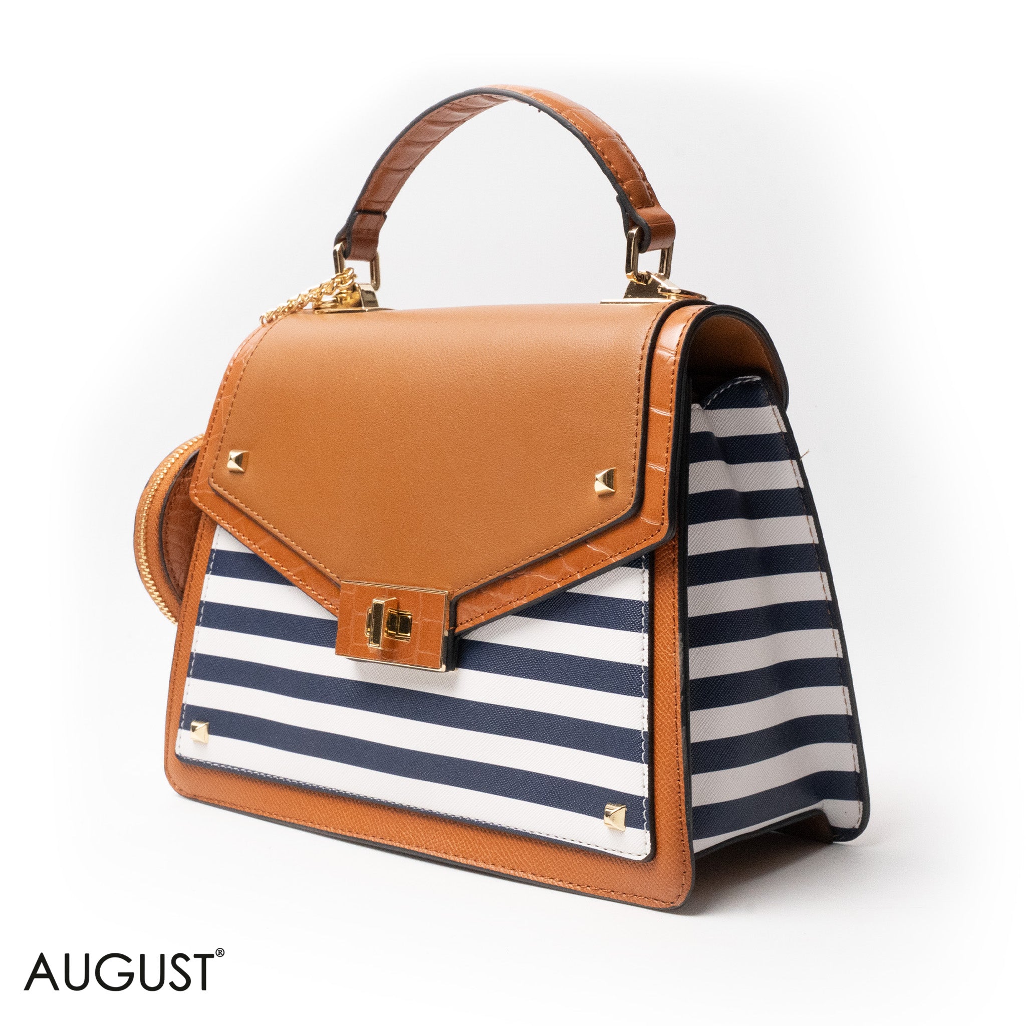 STRIPED NAVY LEATHER HANDBAG WITH FLAP - MED