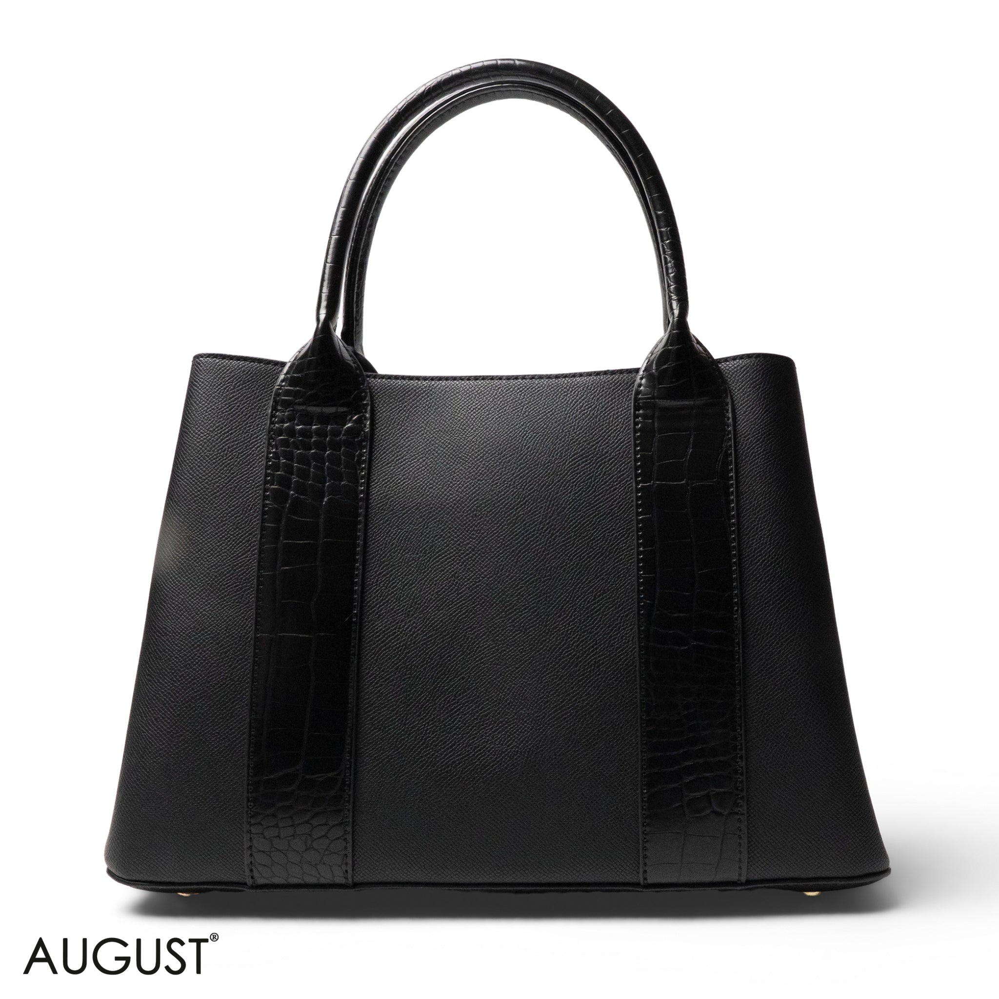BLACK SMOOTH LEATHER HANDBAG WITH CROC DESIGN -LARGE