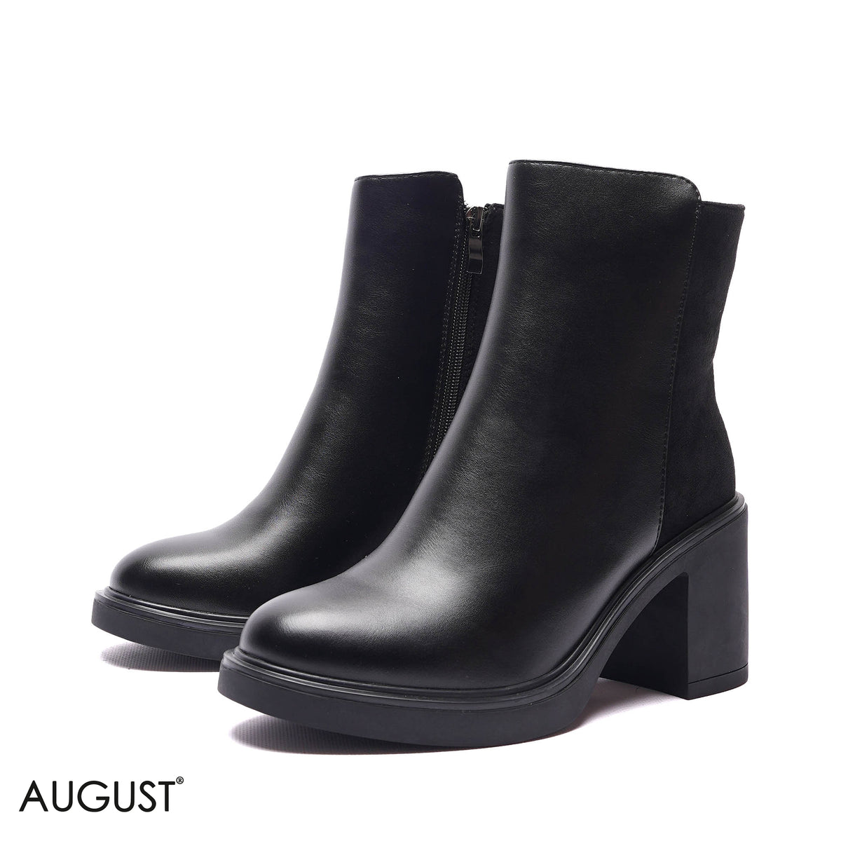 MIXED-MEDIA PLATFORM BLOCK HEEL BOOTS