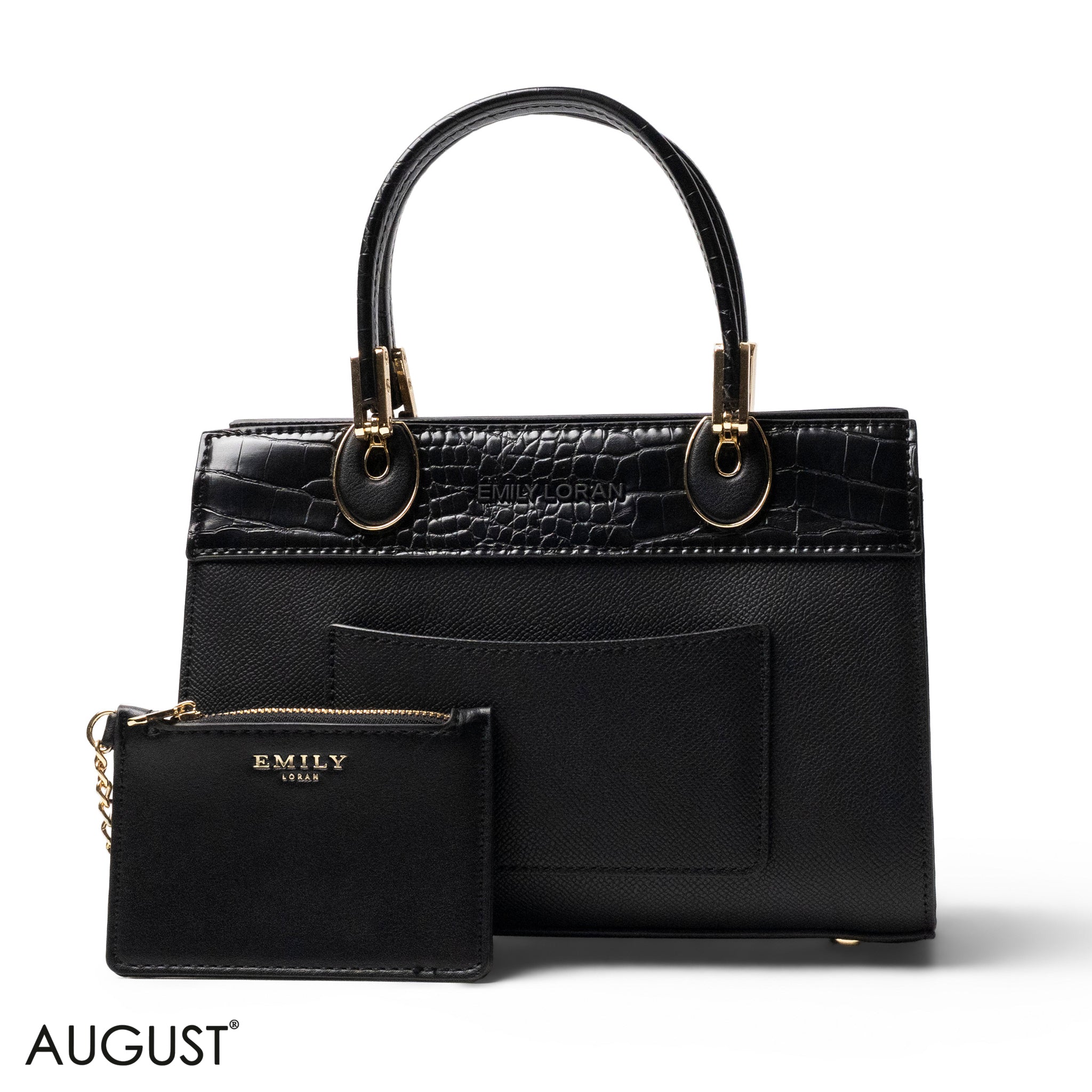 BLACK LEATHER SMOOTH HANDBAG WITH CROC DETAILS-SMALL