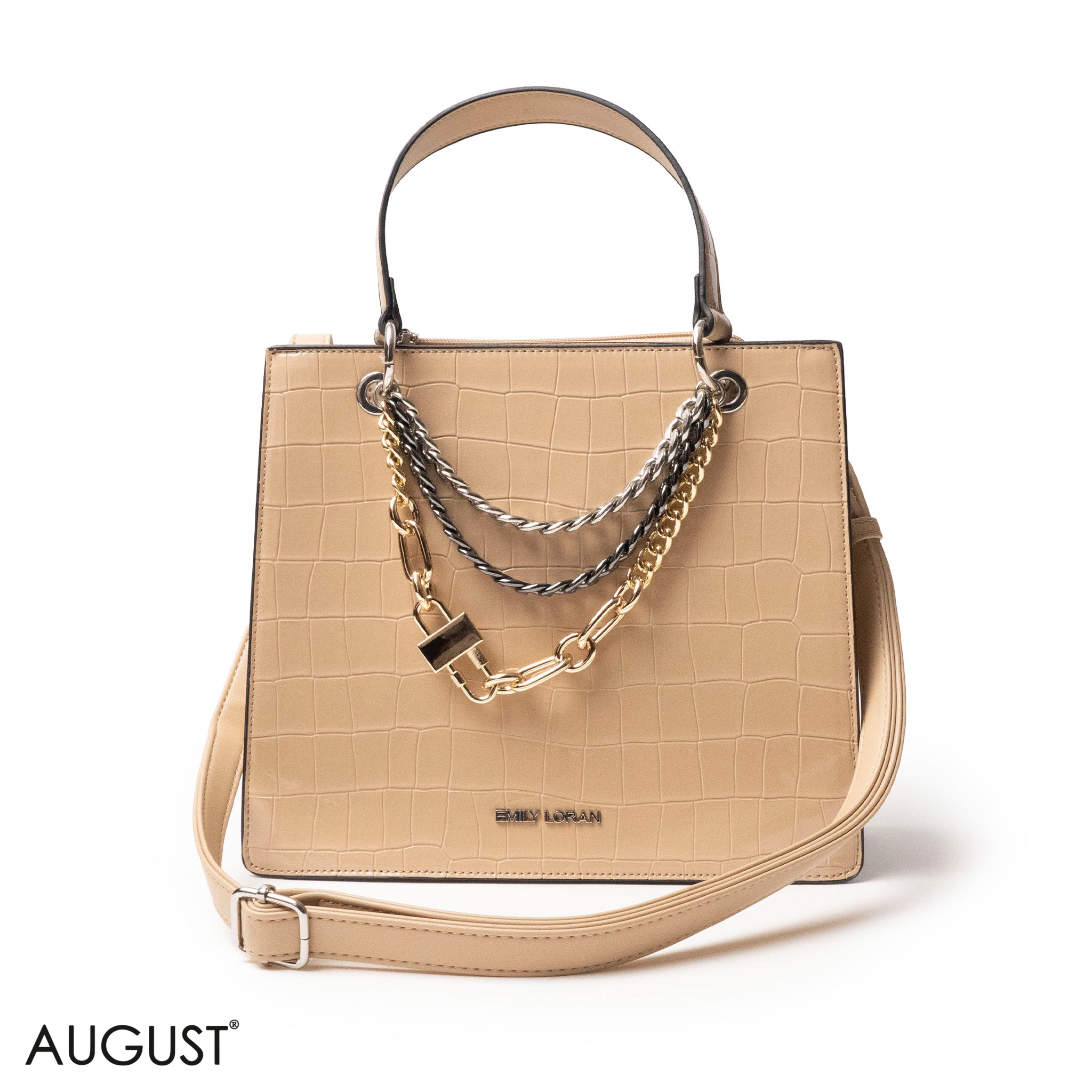 BEIGE LEATHER HANDBAG WITH METAL CHAIN ACCENTS - MED