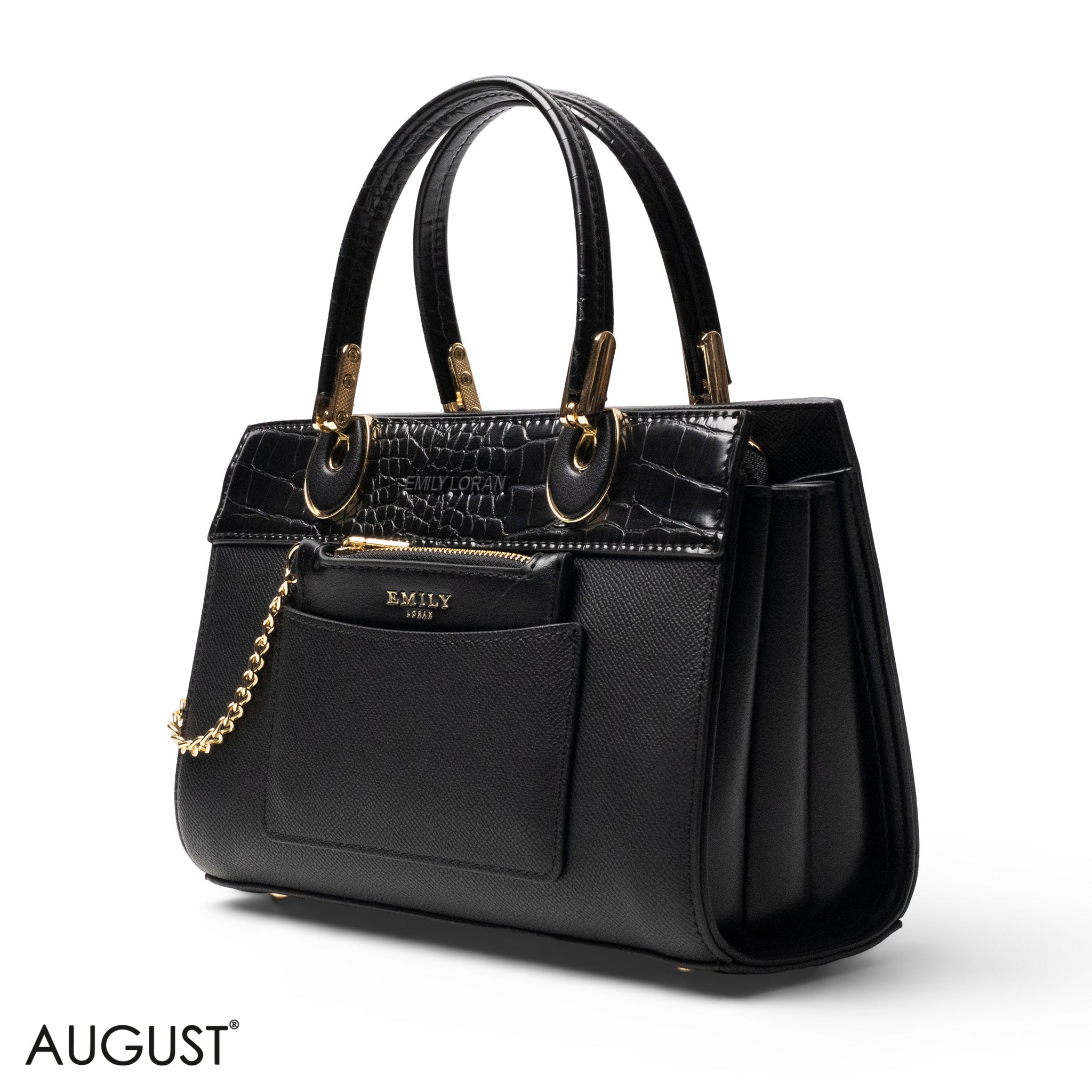 BLACK LEATHER SMOOTH HANDBAG WITH CROC DETAILS-SMALL