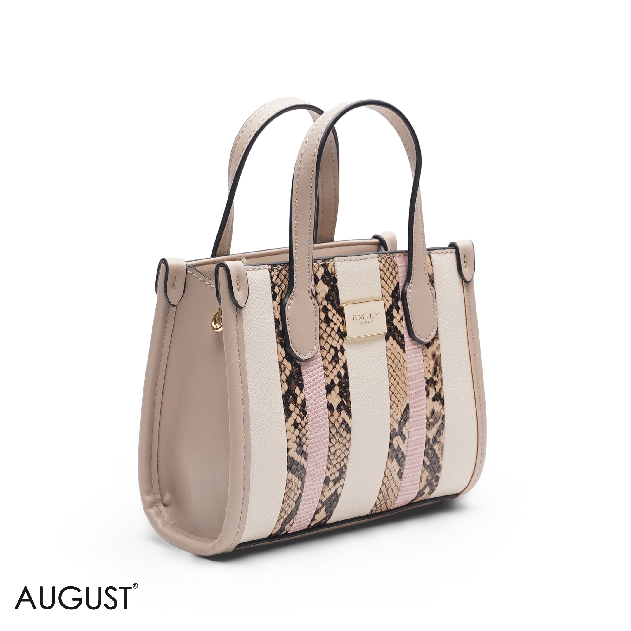 MINI BEIGE & PINK SNAKESKIN BAG WITH GOLD METAL STRAP