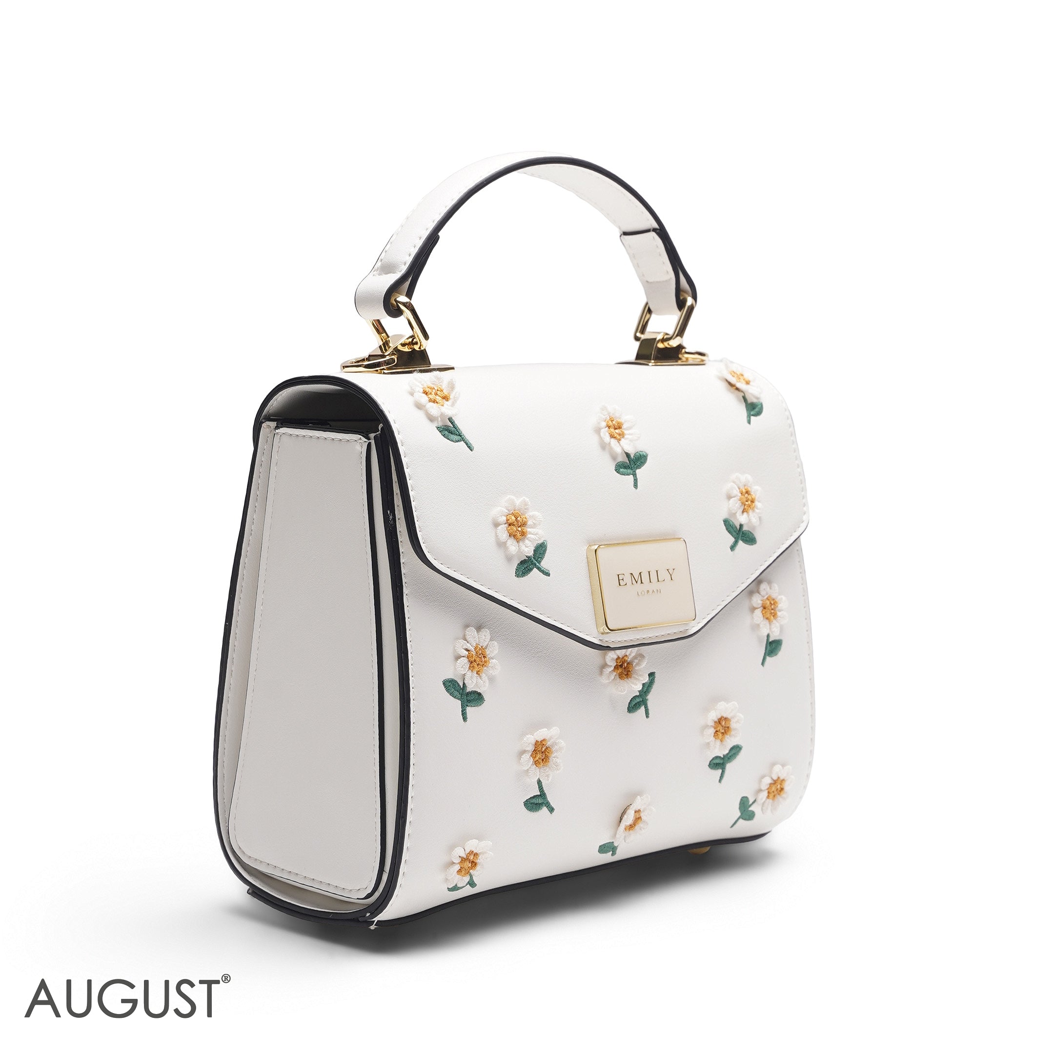 WHITE DAISY EMBROIDERED SATCHEL BAG - SMALL