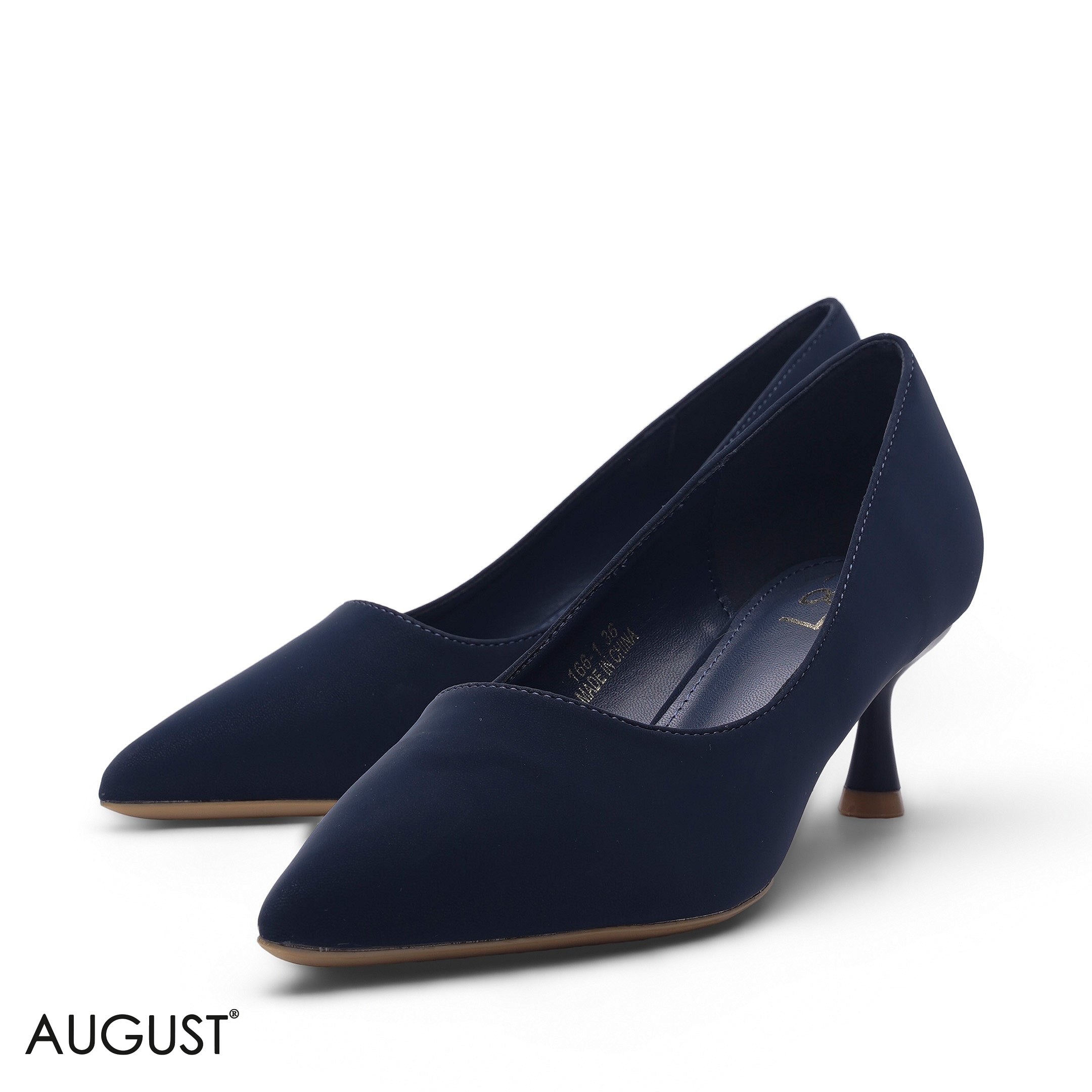 NAVY BLUE LEATHER POINTED-TOE MED-HEEL PUMPS
